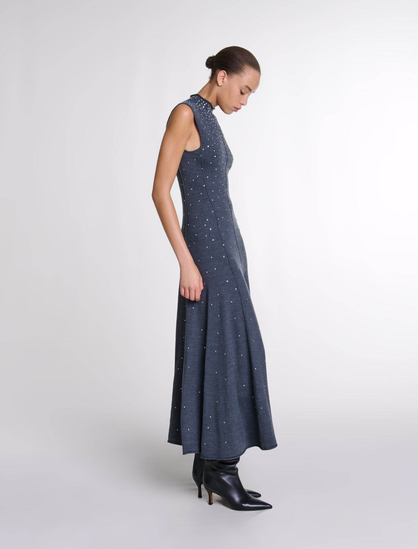 Knit maxi dress with rhinestones Black / Gray For Women | Maje