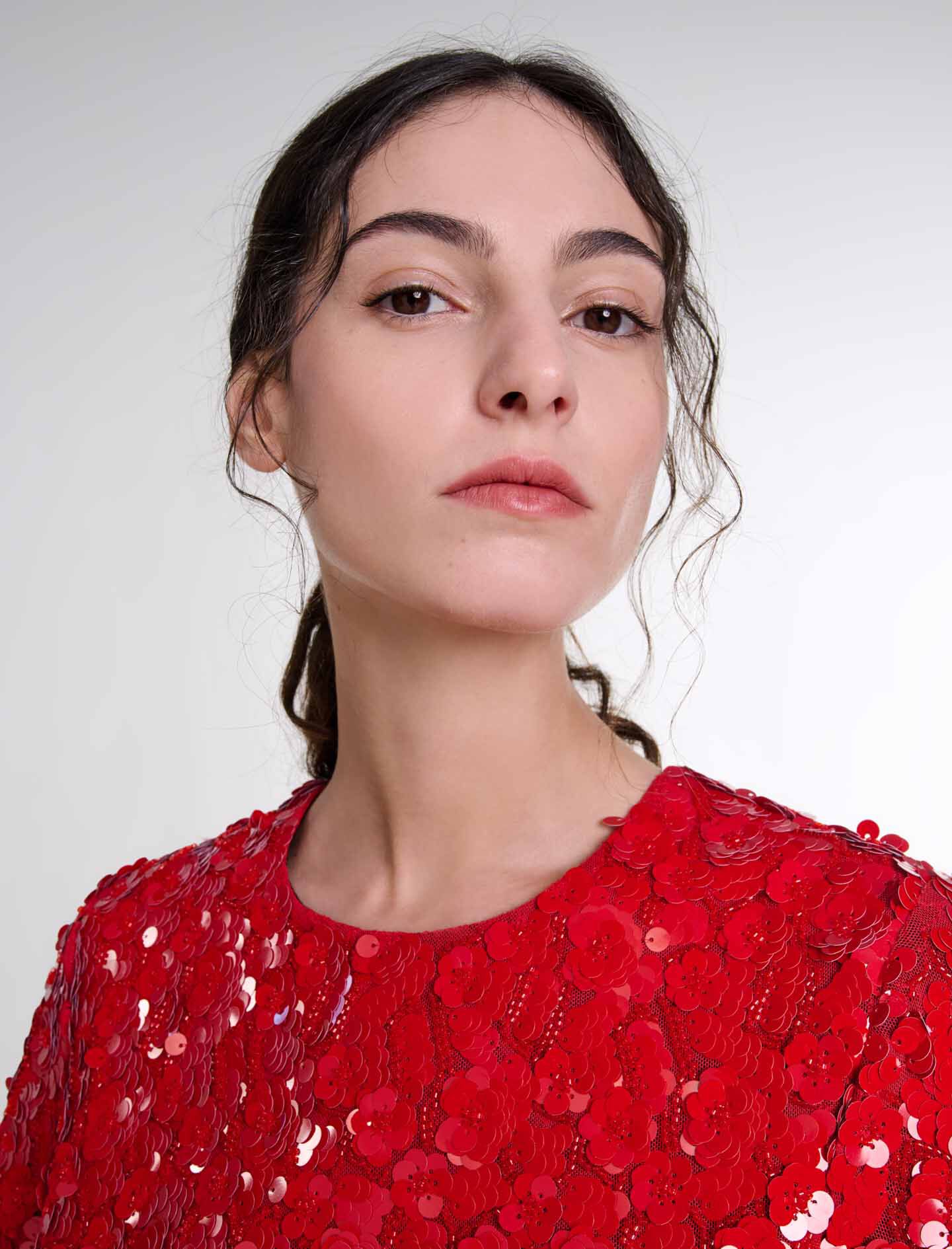 Short sequinned floral dress Red For Women | Maje