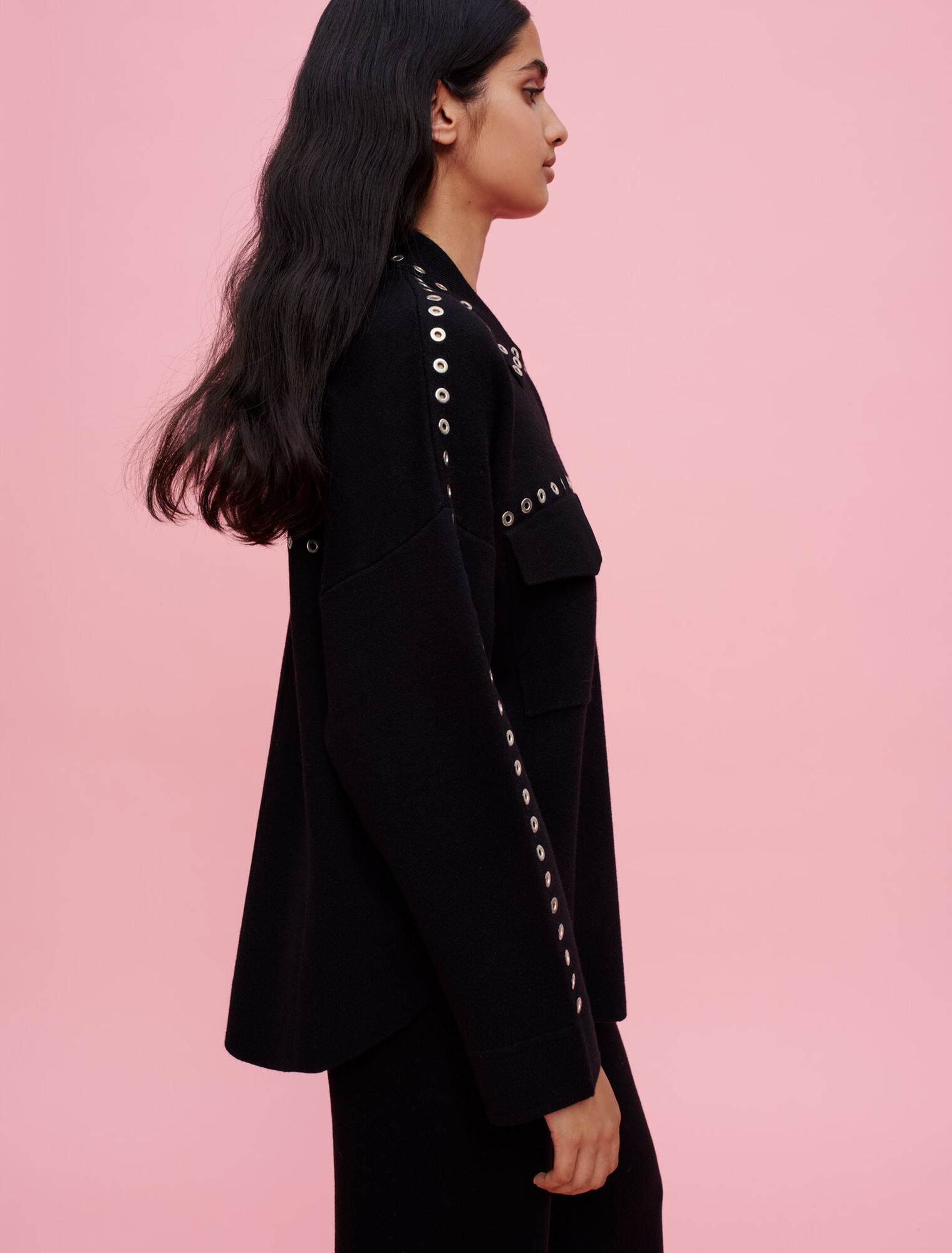 Knit overshirt with eyelets