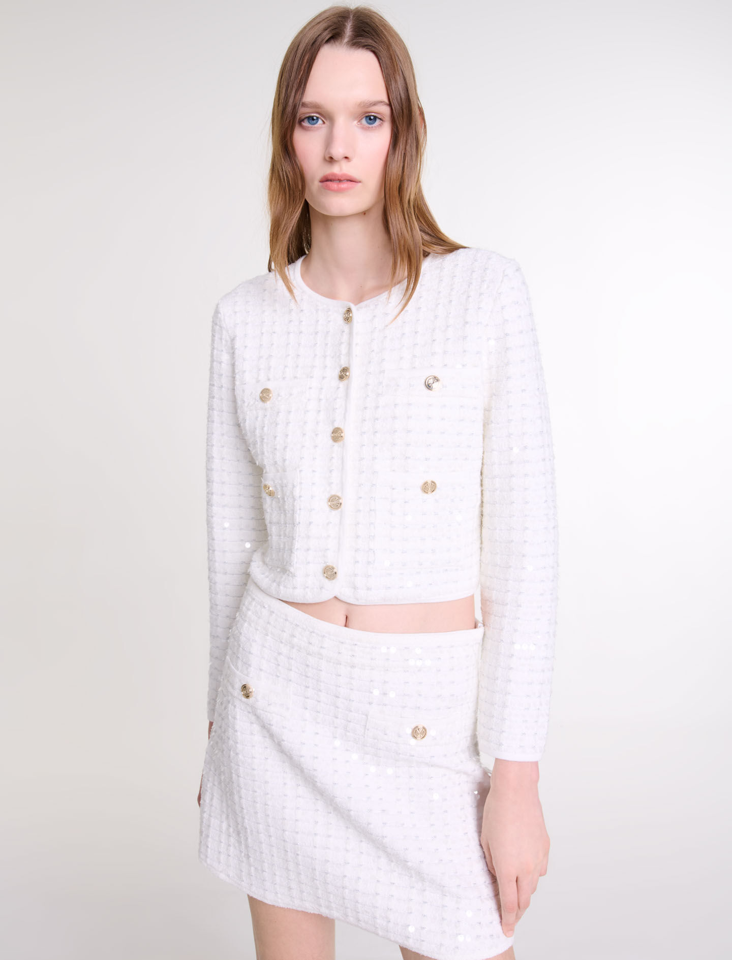 商品画像：Short sequinned knit skirt Natural For Women | Maje 5