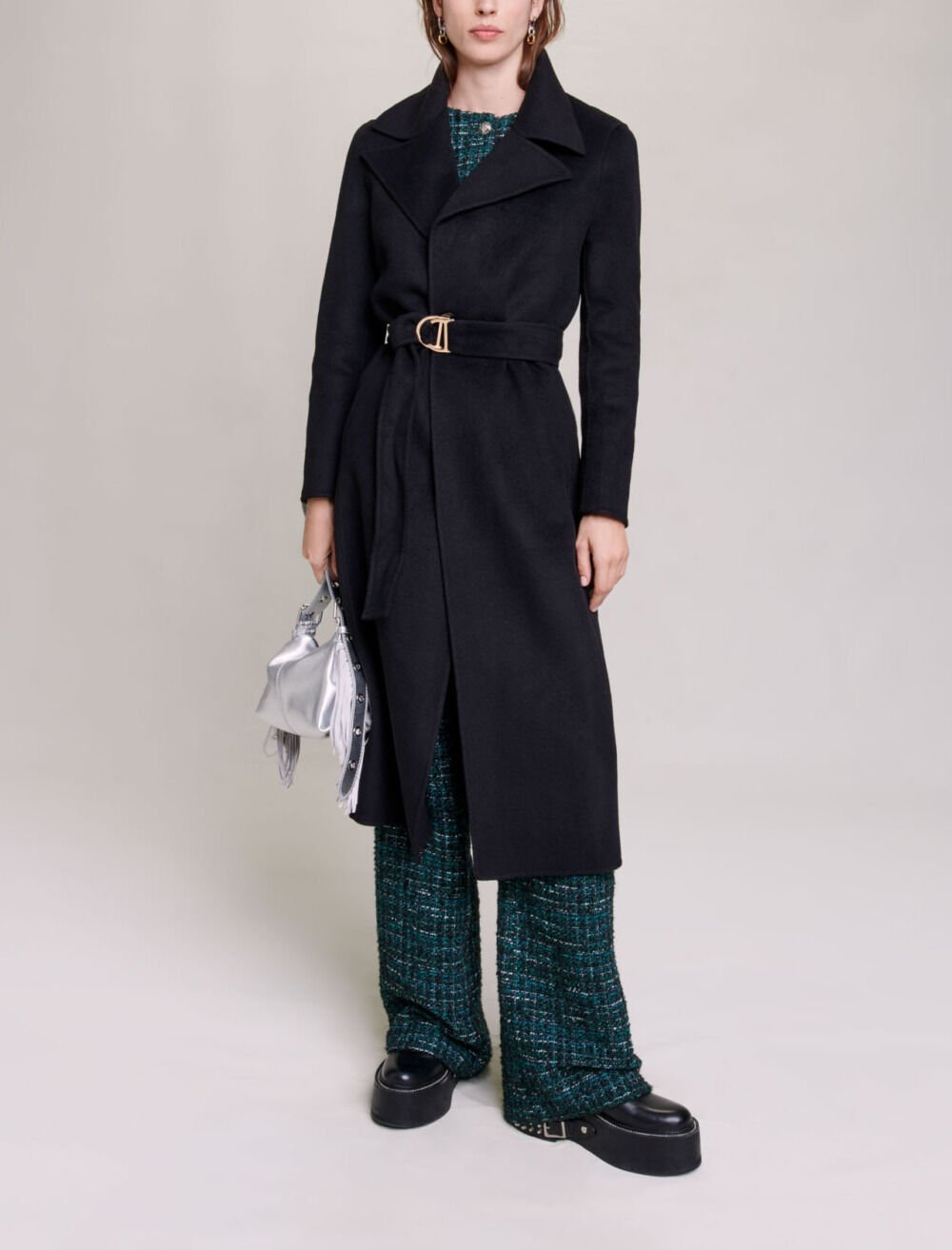 Belted double-faced coat Black / Gray For Women | Maje Belted double-faced coat Black / Gray For Women | Maje