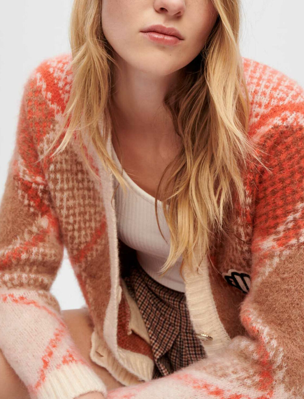 Fluffy diamond jacquard cardigan Yellow / Orange For Women
