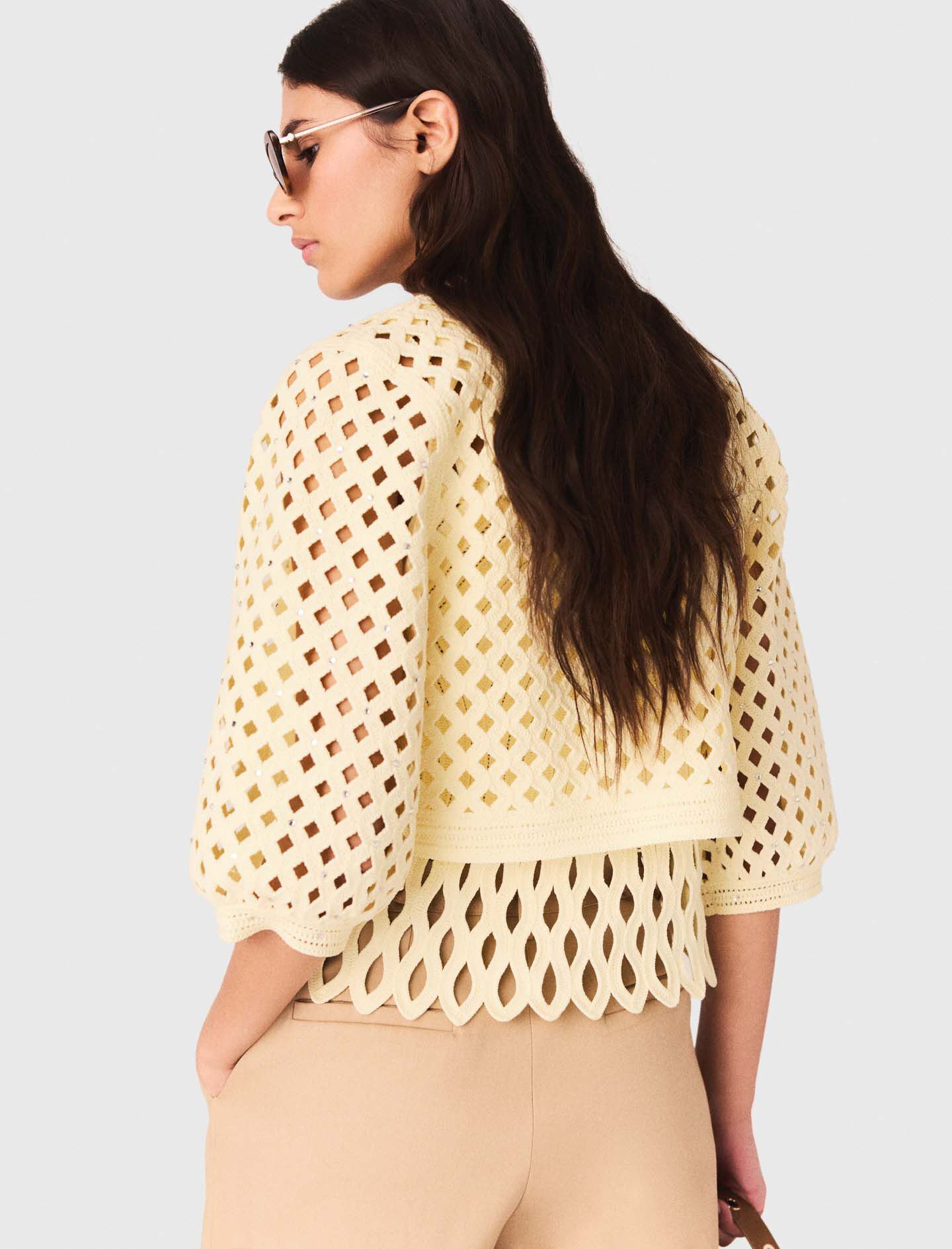 Crochet Rhinestone Cardigan Yellow / Orange For Women | Maje