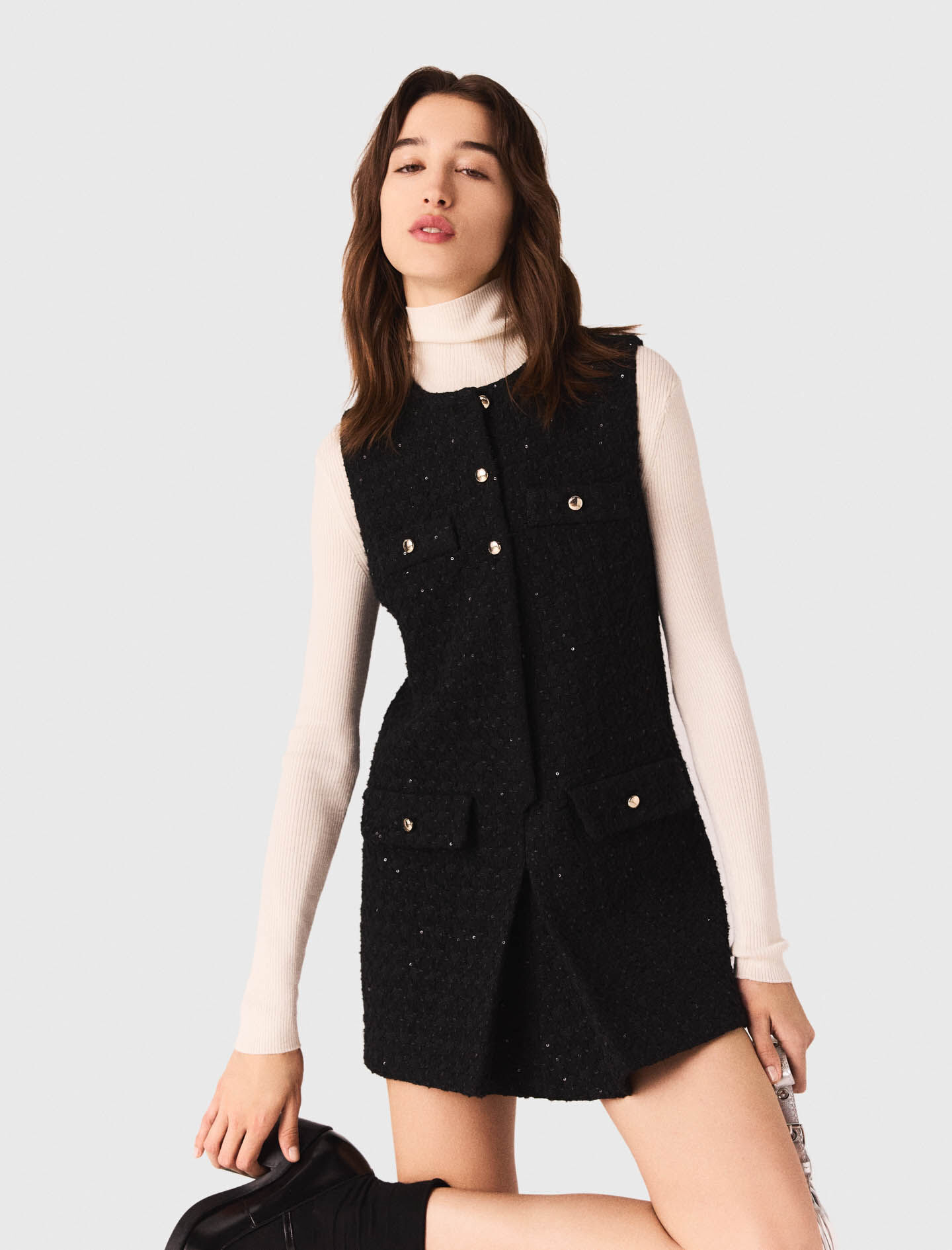 majeページ Tweed playsuit with rhinestones Black / Gray For Women | Maje