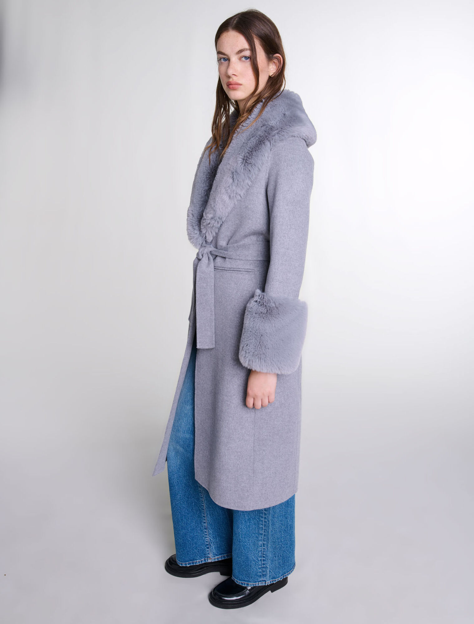 Long coat with faux fur collar