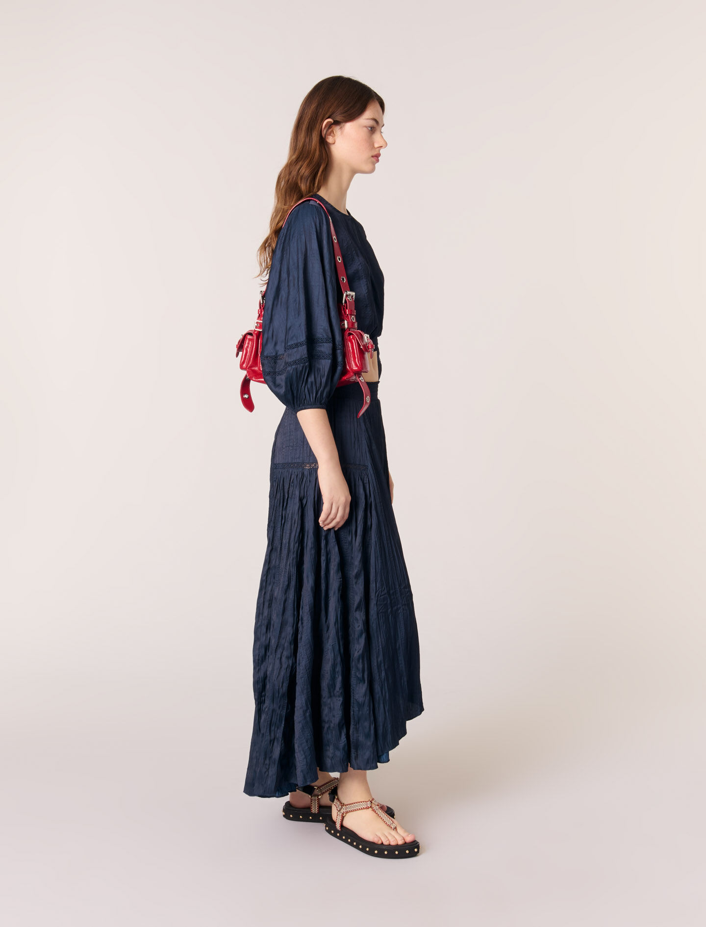 Satin-effect maxi skirt Blue For Women | Maje