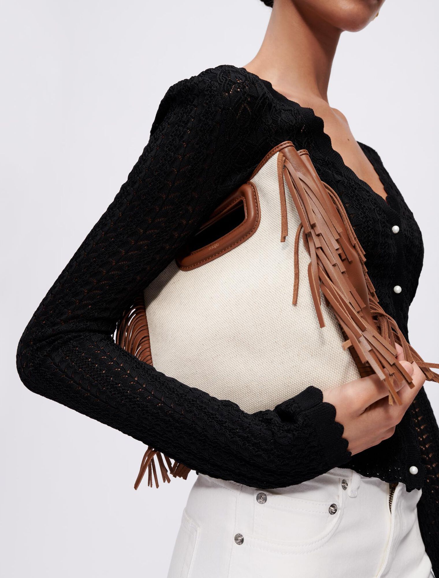 Leather and material mix M bag