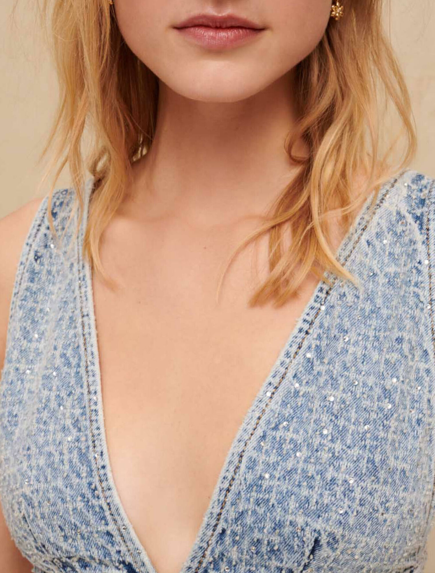 Denim bra top with rhinestones
