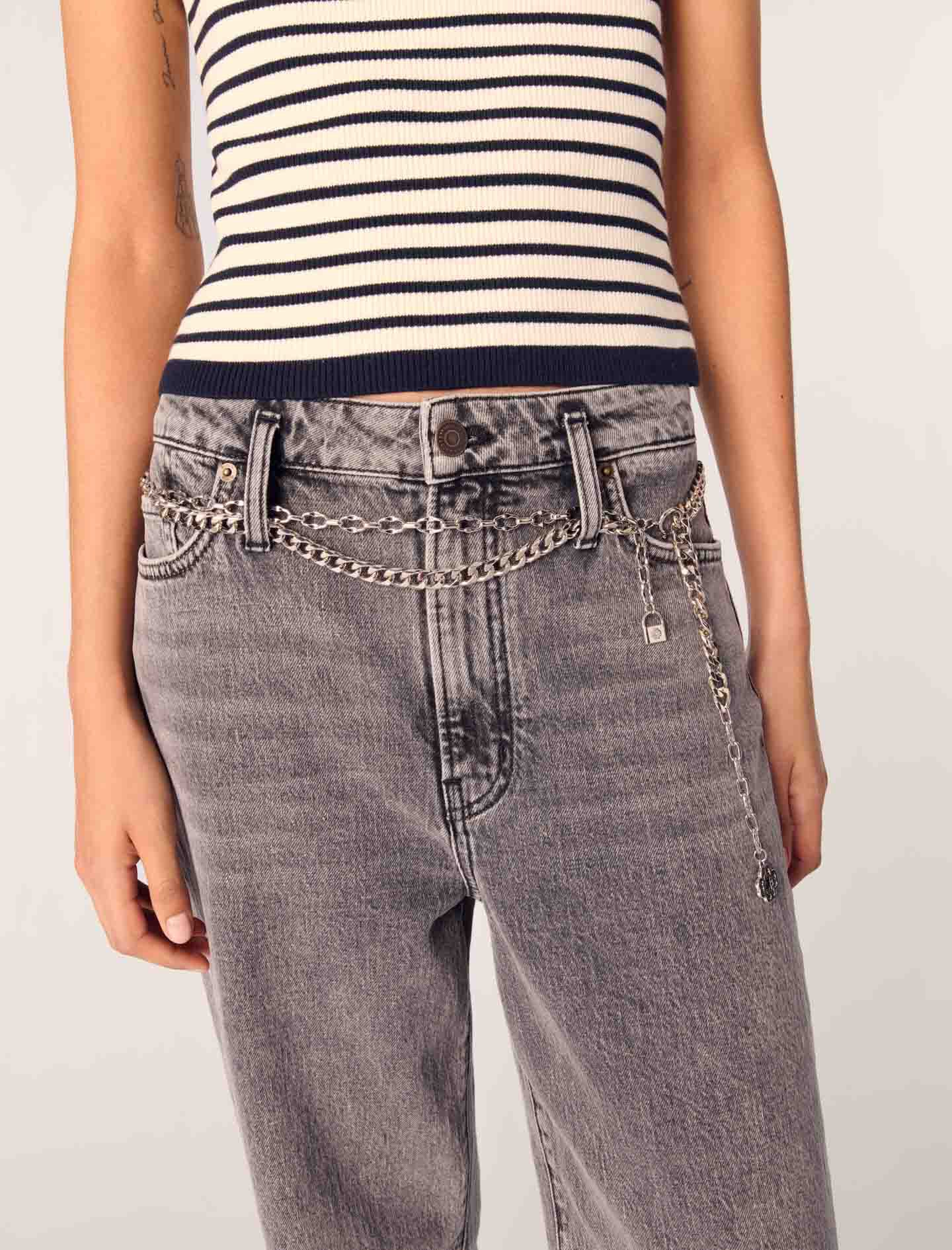 Wide-leg jeans with chain-link belt Black / Gray For Women