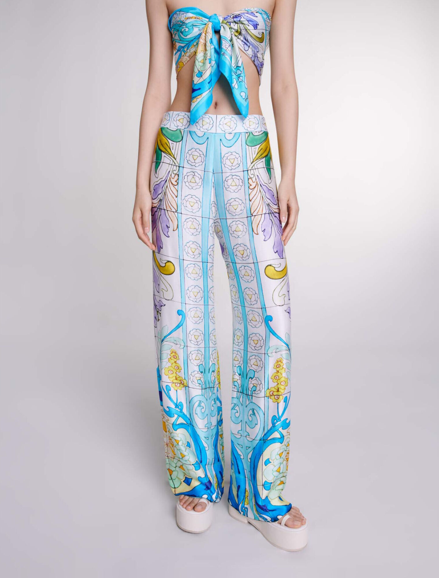 Patterned satin-effect trousers