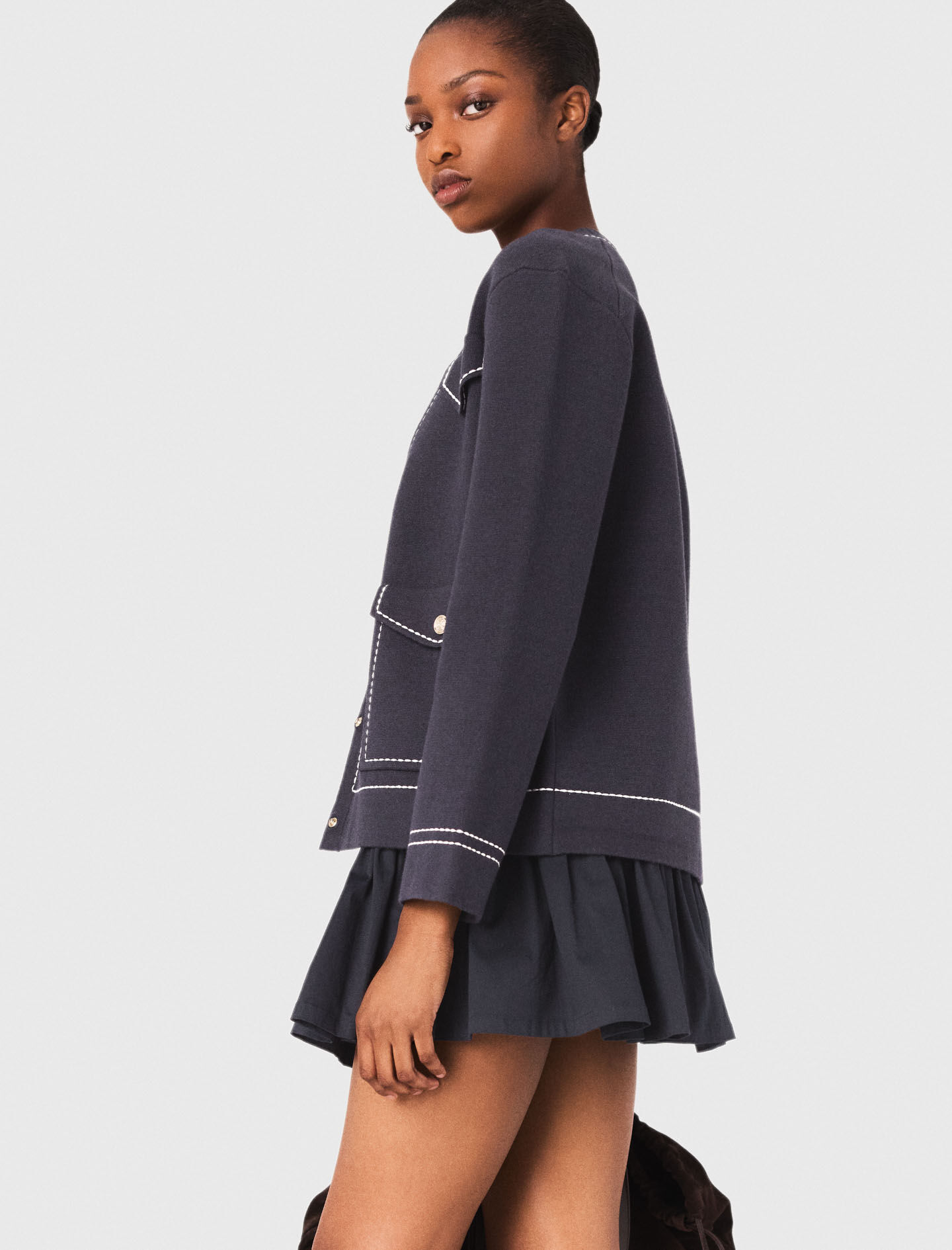 Long topstitched knit cardigan Blue For Women | Maje