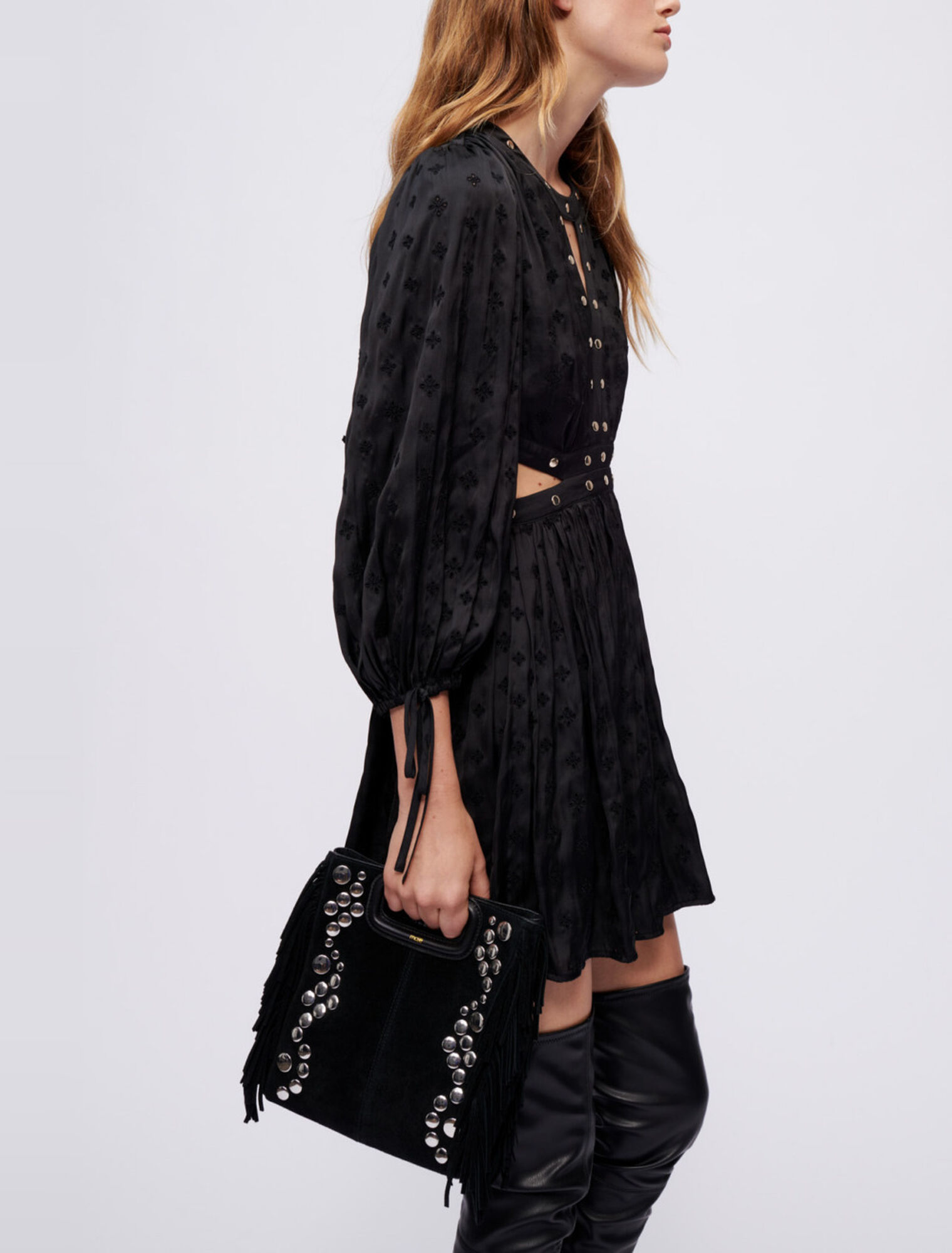 Studded embroidered satin dress