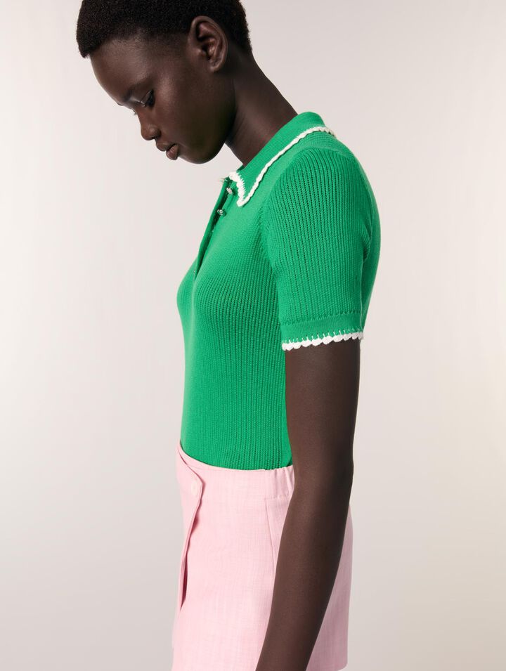 Pointelle knit crochet polo