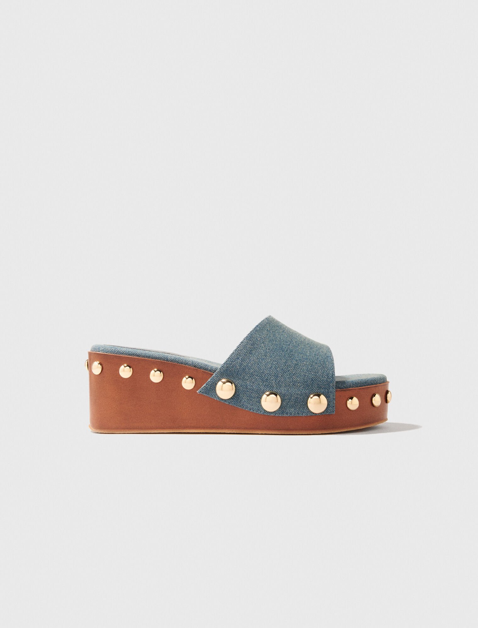 Denim studded wedge mules