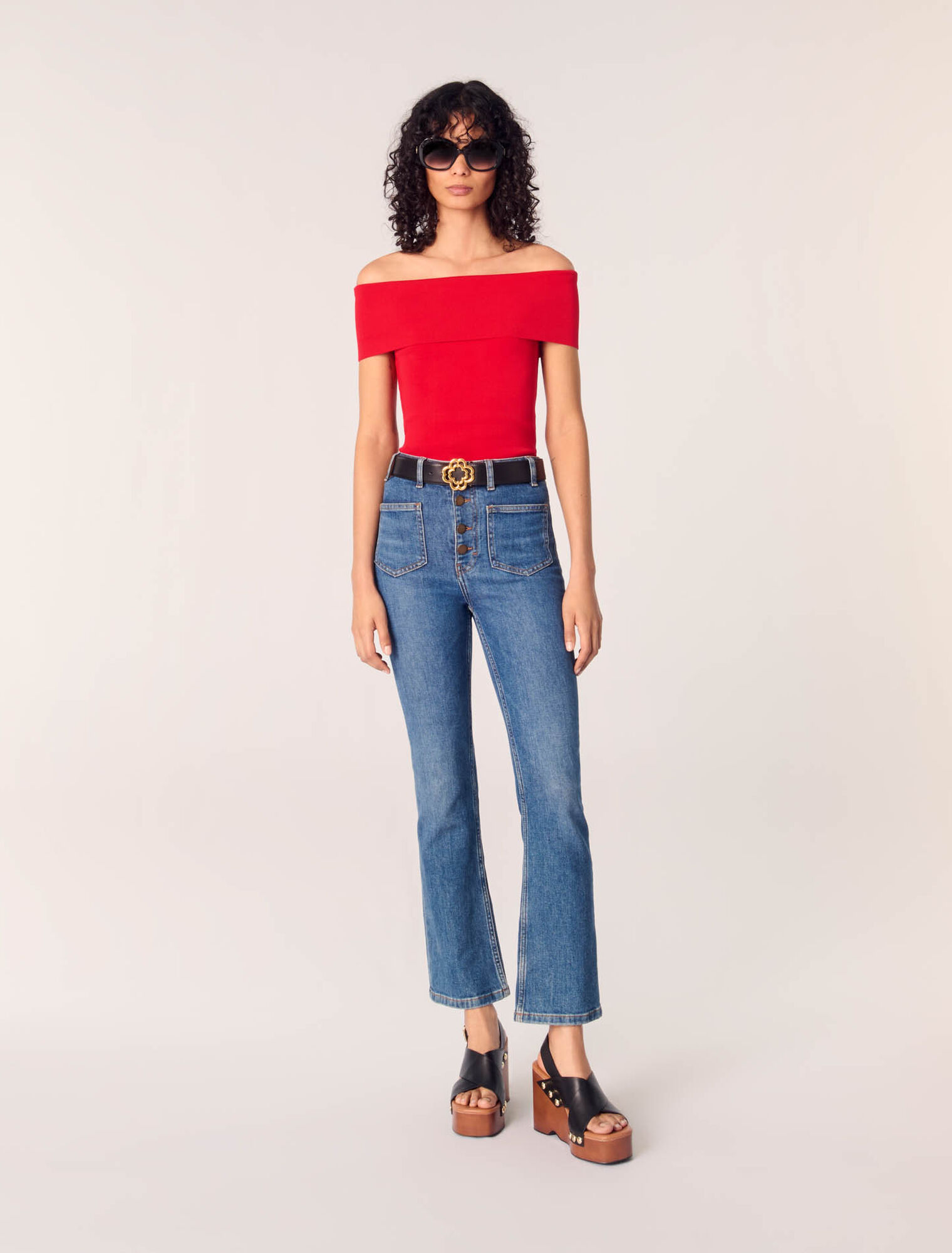 Rib knit bardot-neck top