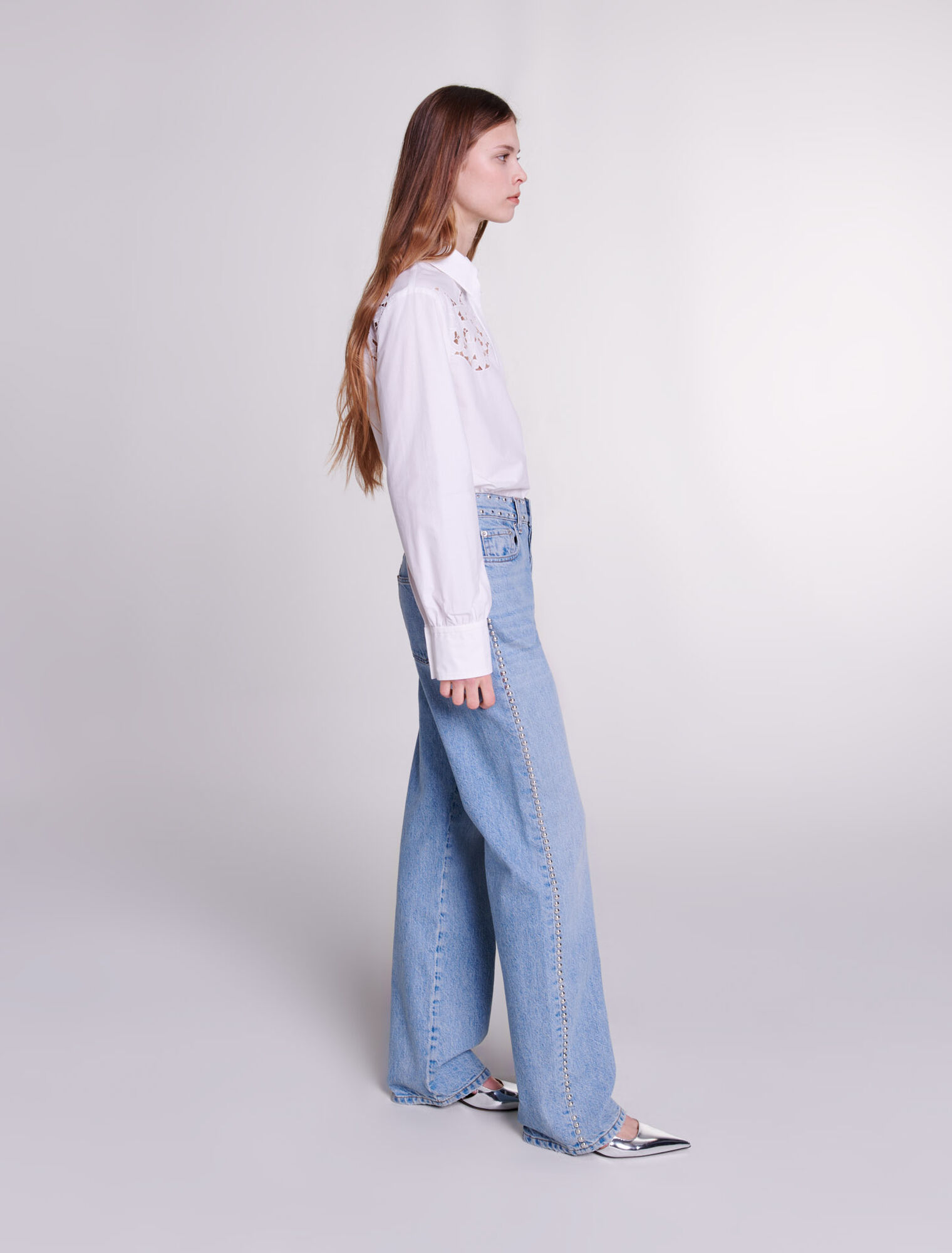 Wide-leg studded jeans