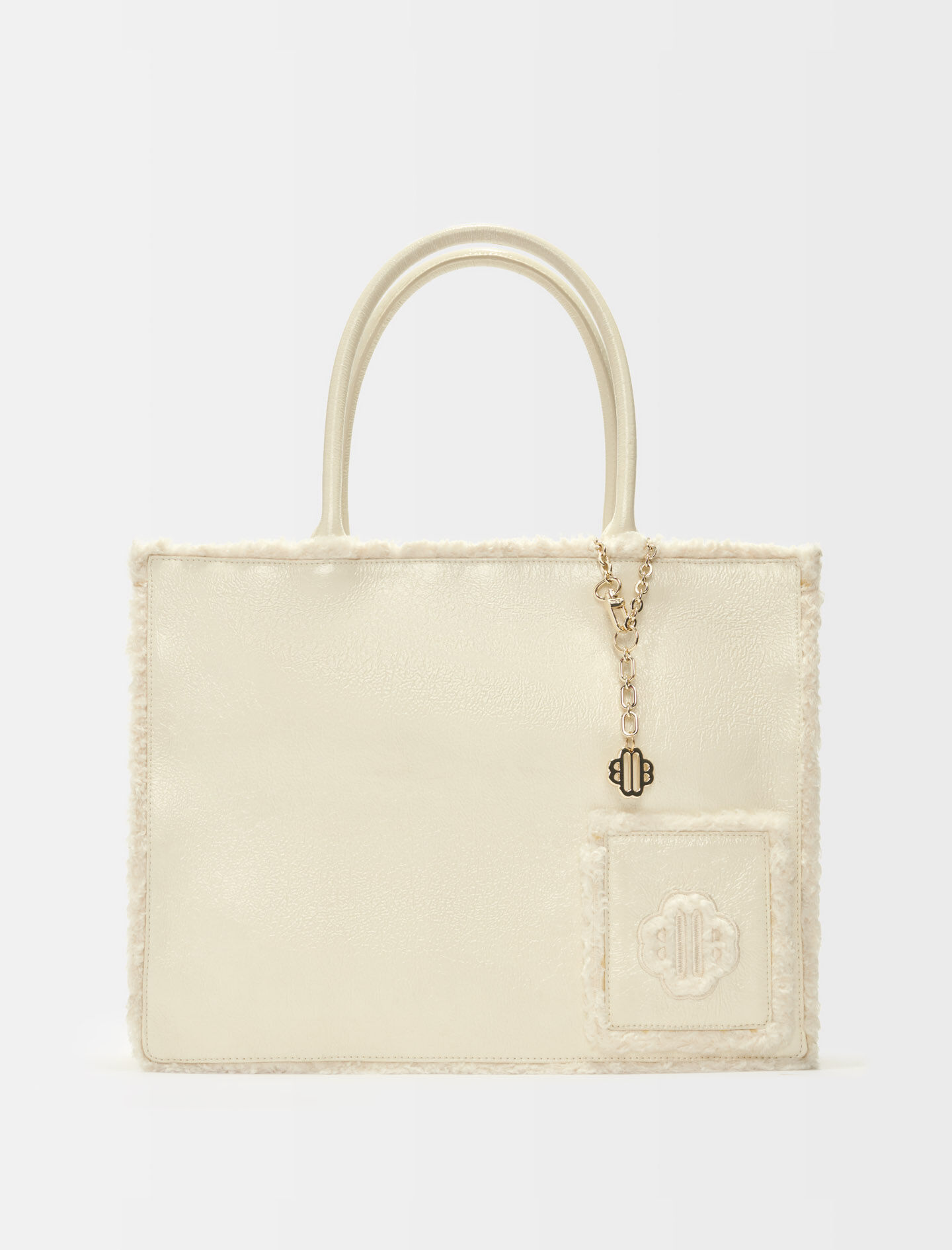 Metallic white and faux fur tote bag