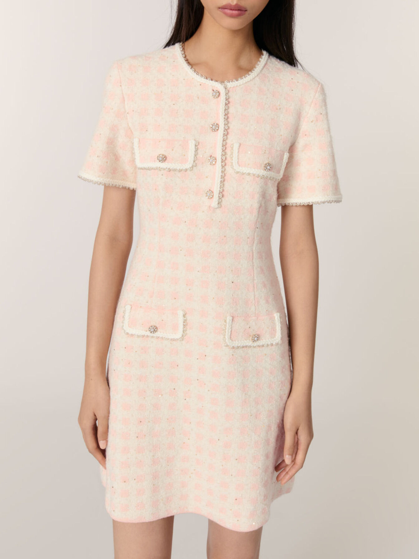 Tweed-effect knit mini dress Pink For Women | Maje