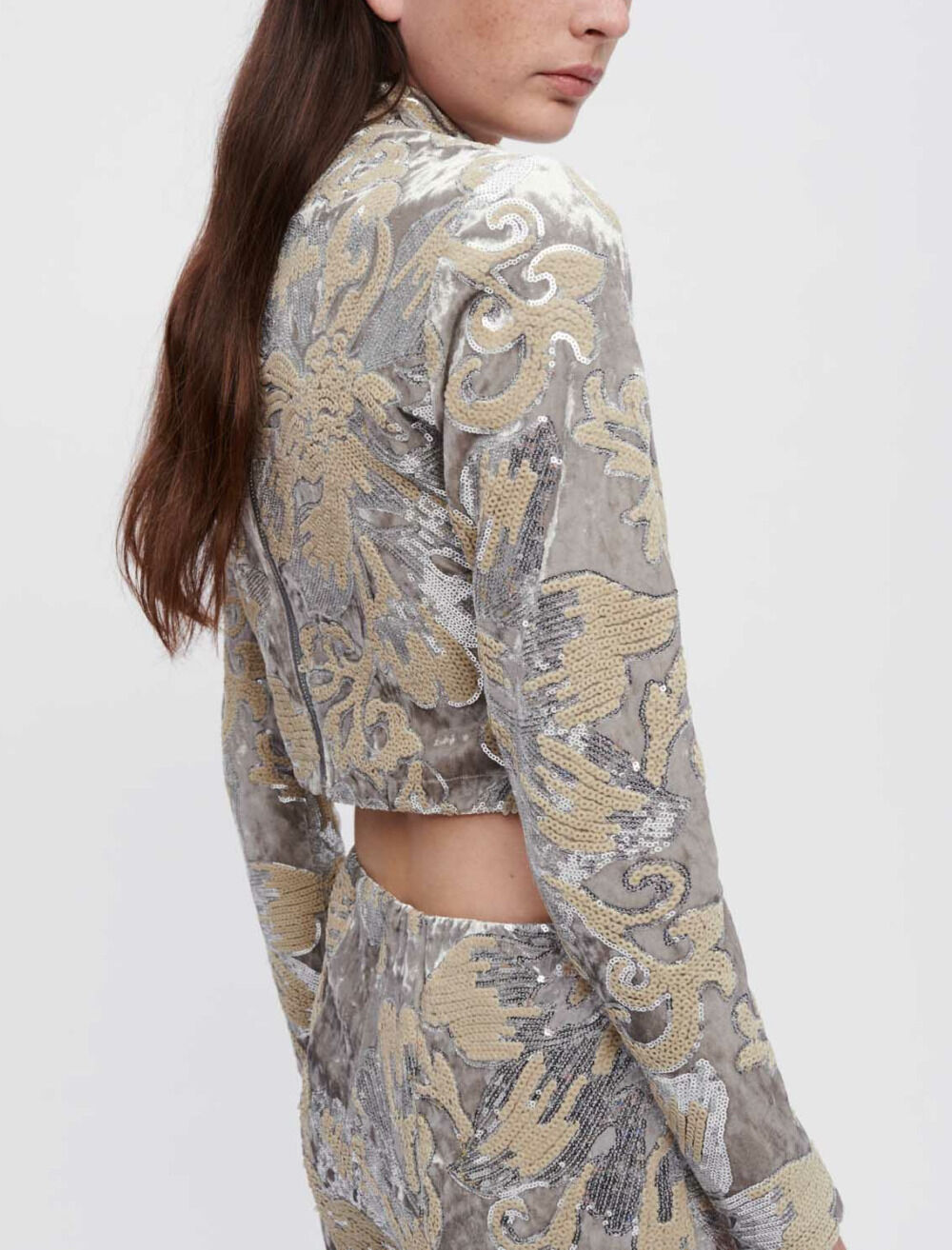 Sequin-embroidered velvet crop top Black / Gray For Women | Maje
