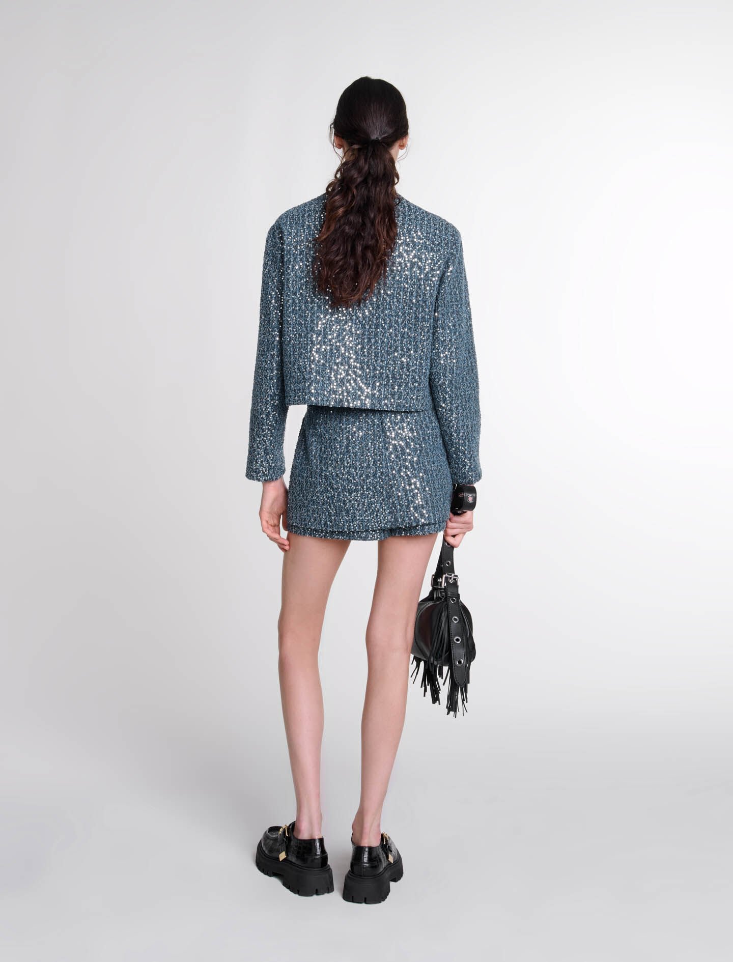 Sequinned tweed jacket Blue For Women | Maje