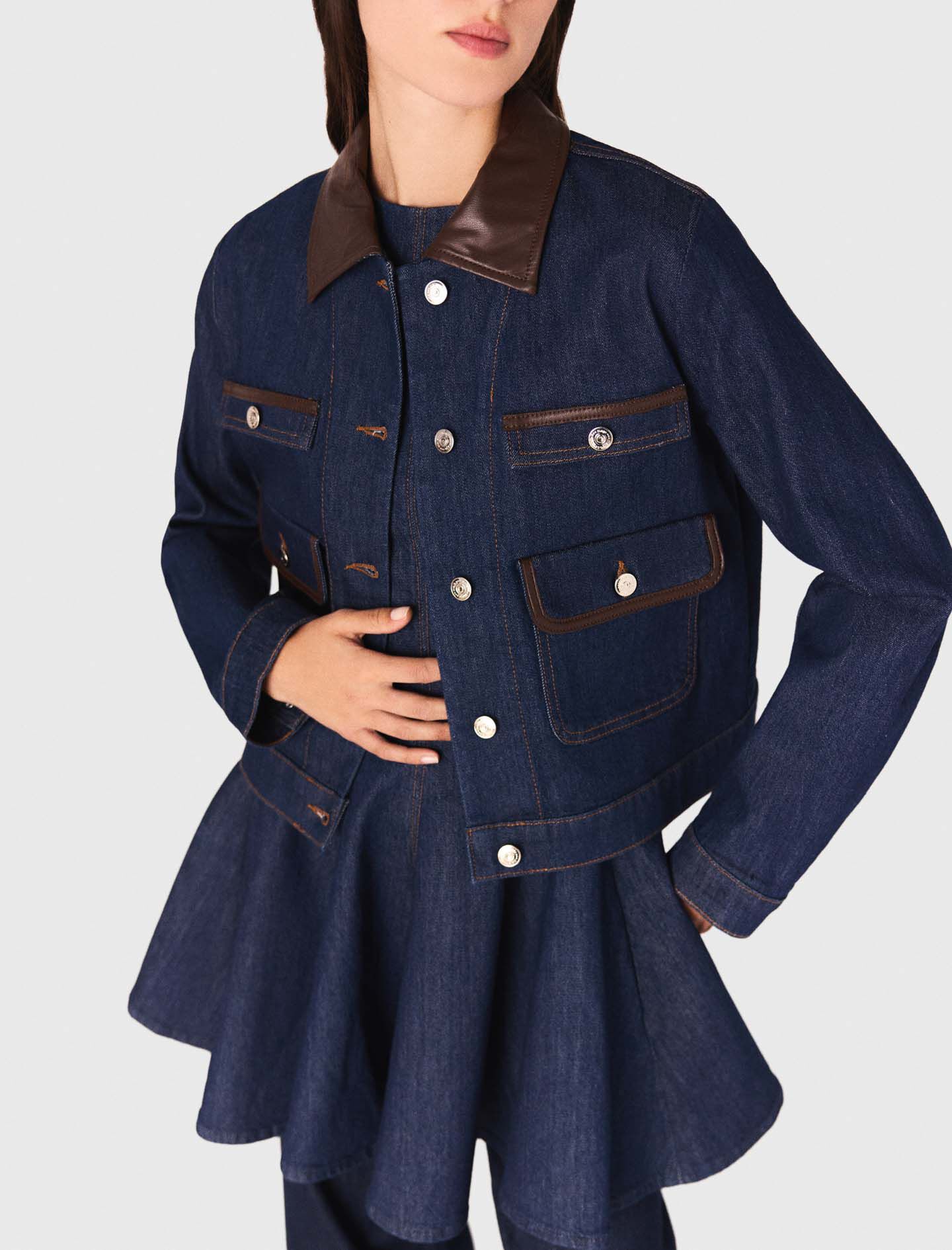 Denim jacket with faux leather Blue For Women | Maje