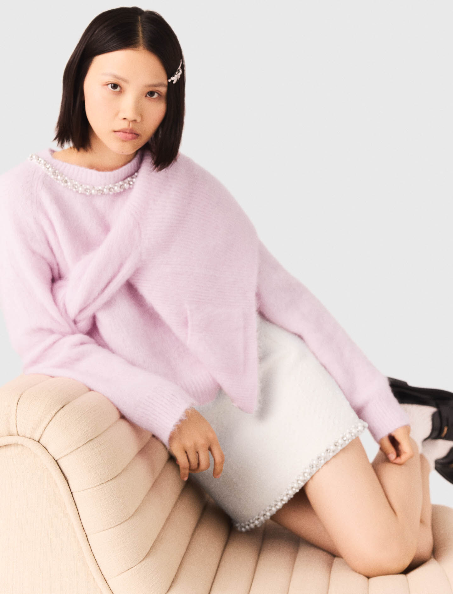 Tweed skirt with pearl trim White For Women | Maje