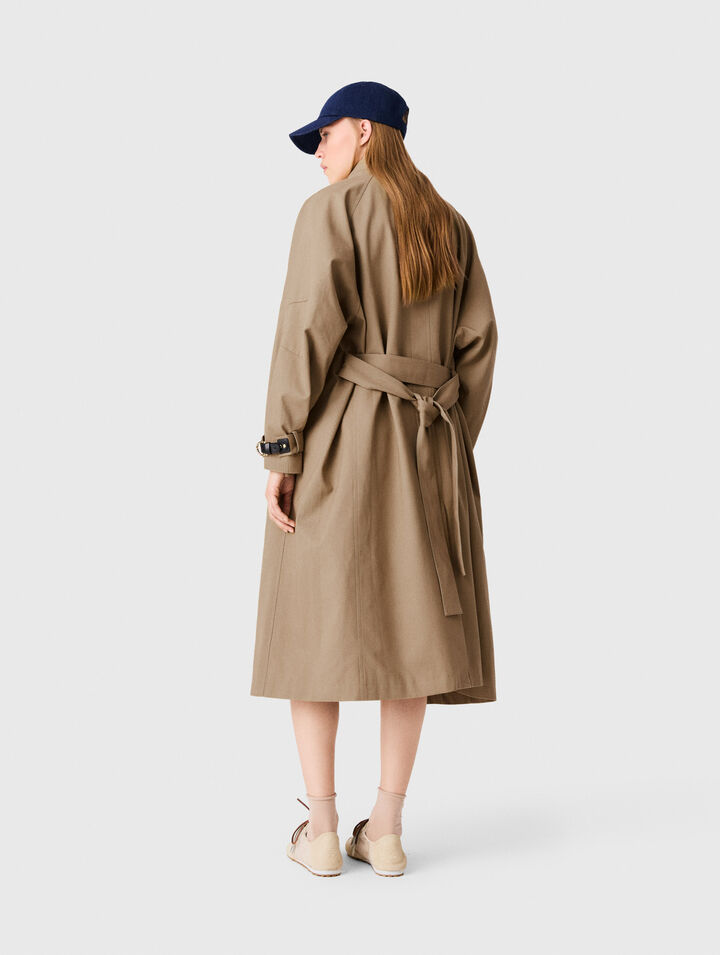 Long belted trench with gold buttons