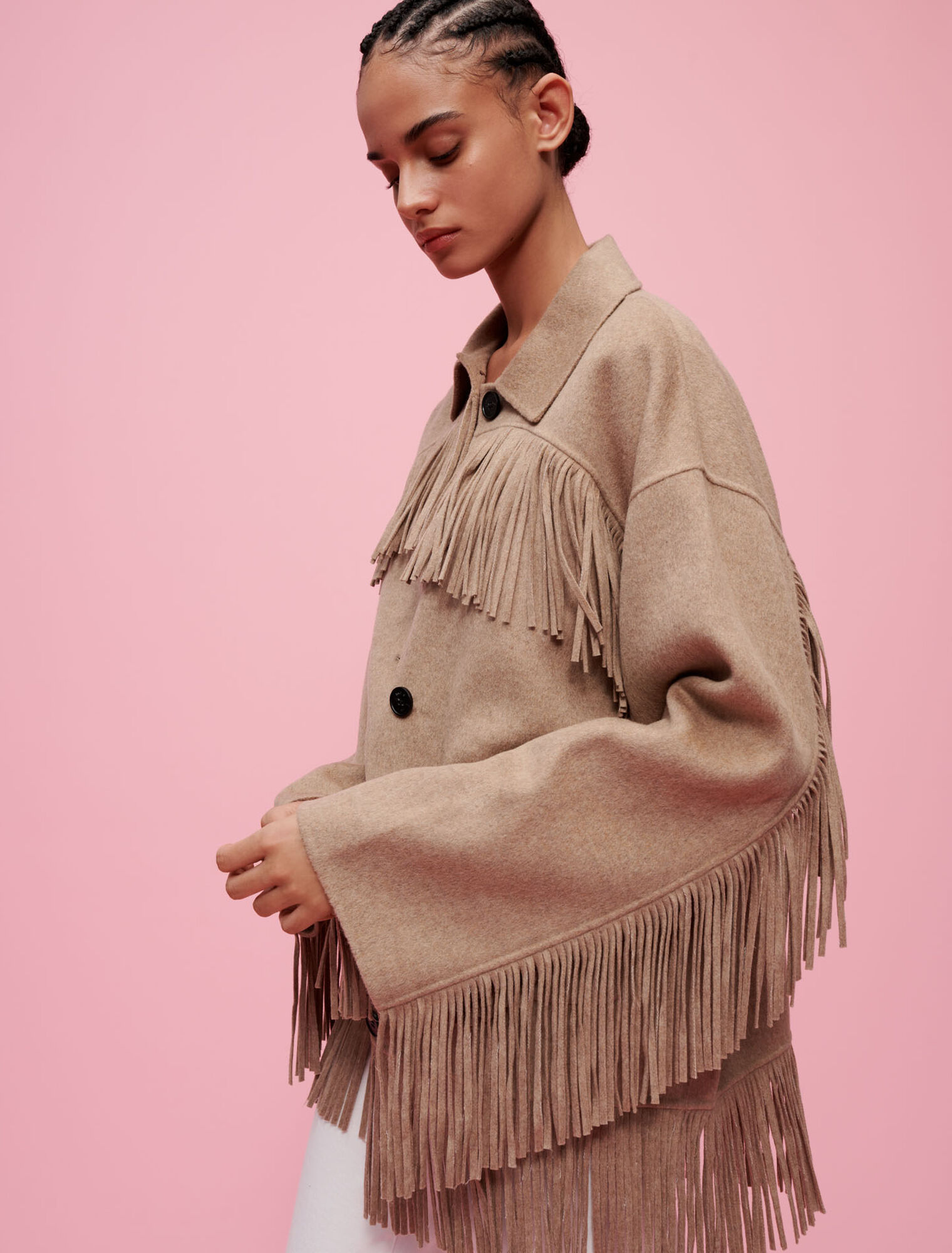 Double-faced coat with fringing