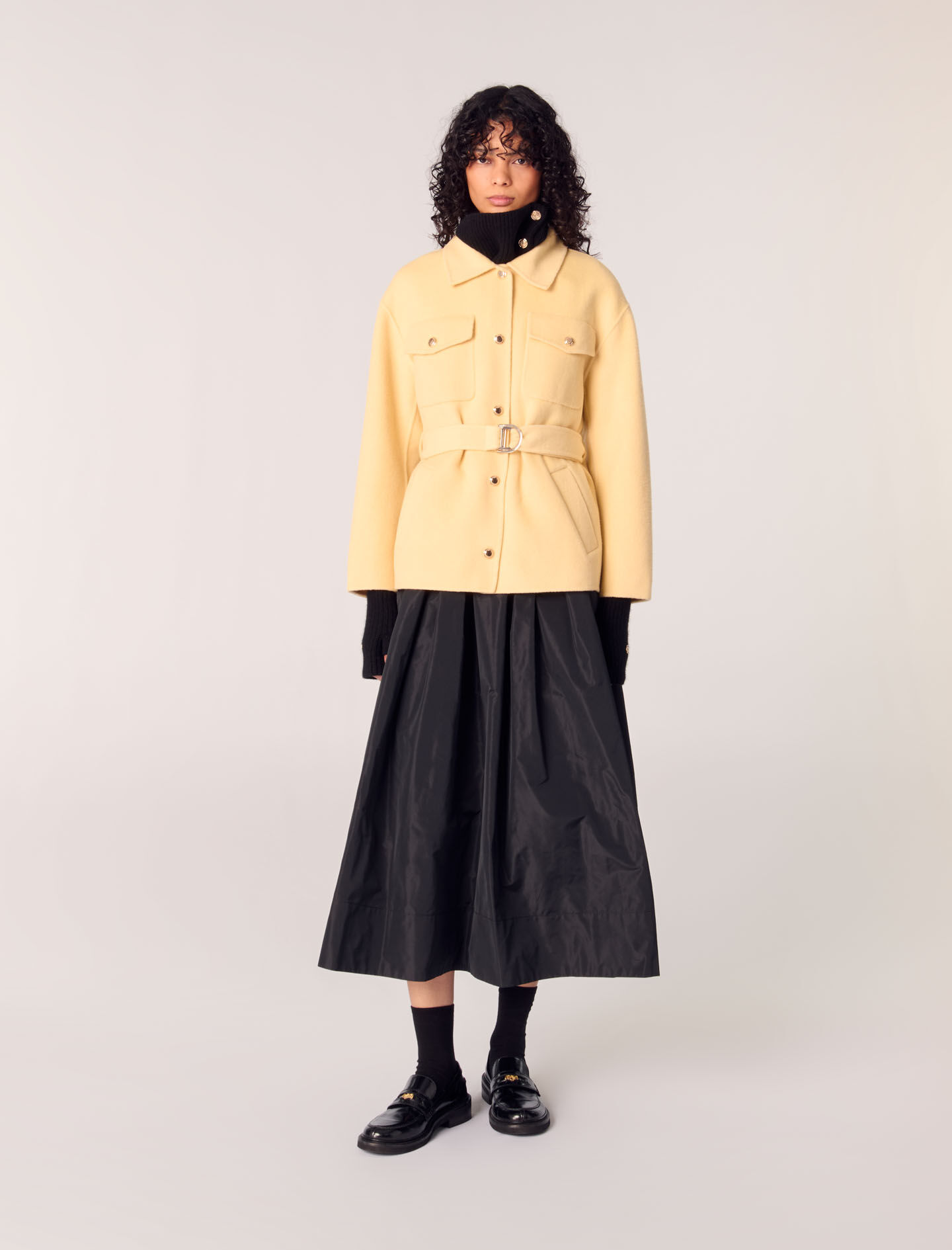Black double-faced coat with belt