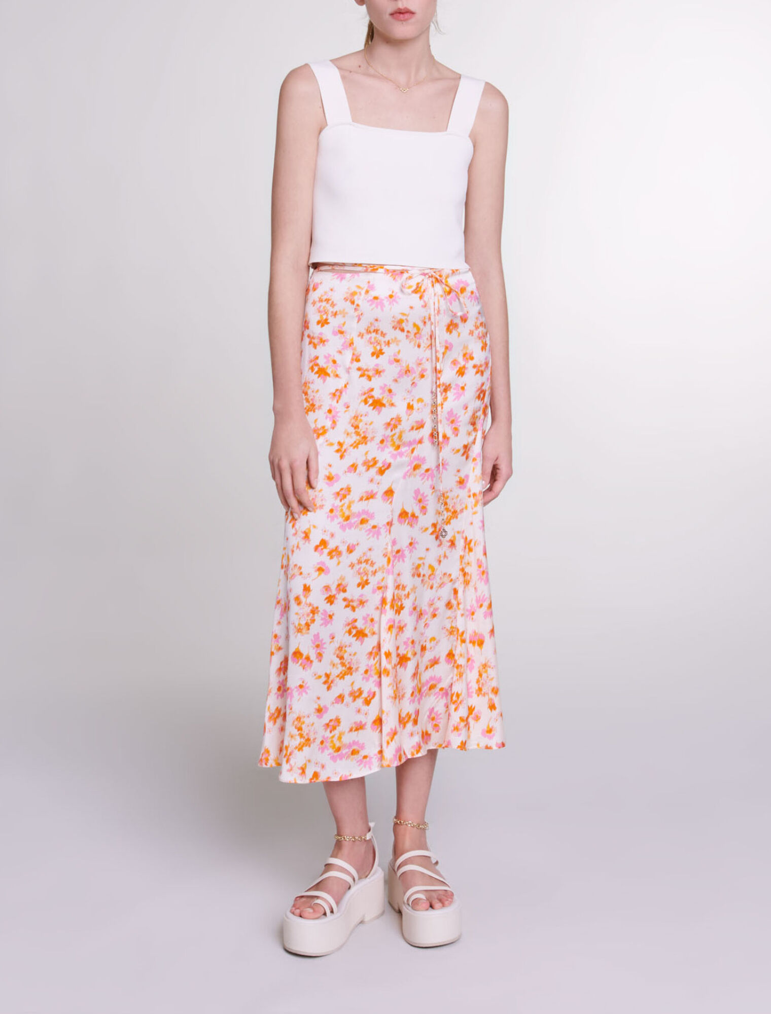 Satin-effect floral skirt