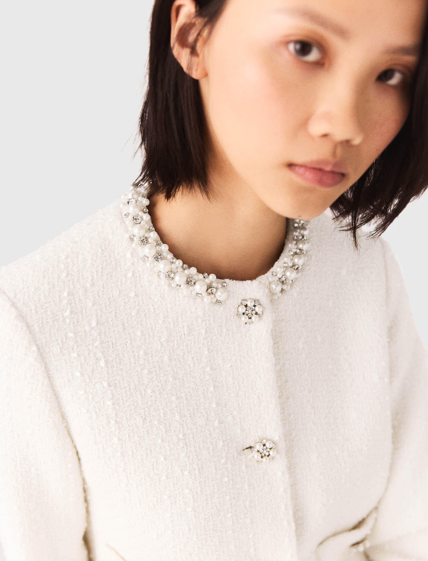 アクセサリー may Pearl-trimmed tweed jacket White For Women | Maje