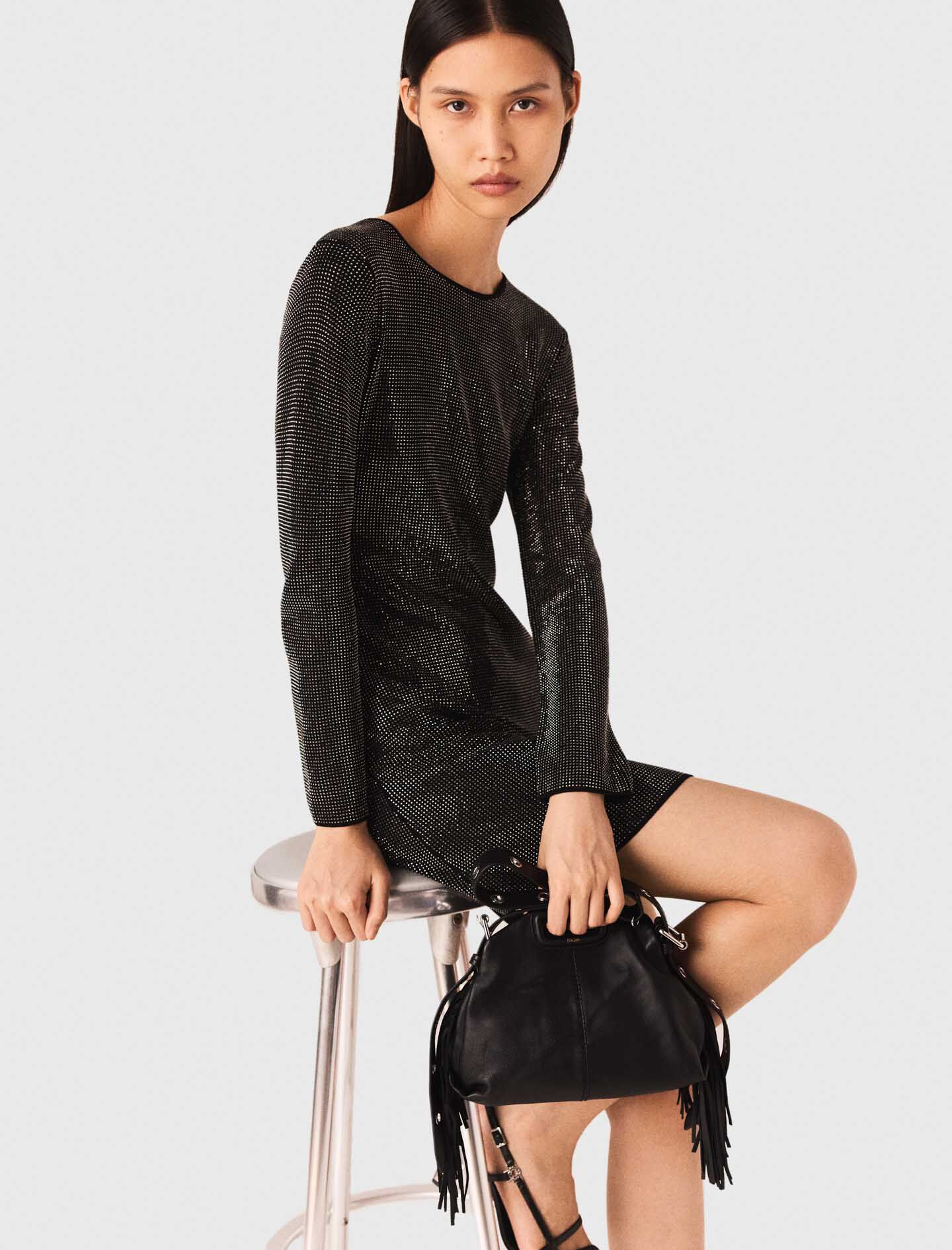 Mini rhinestone knit dress Black / Gray For Women | Maje