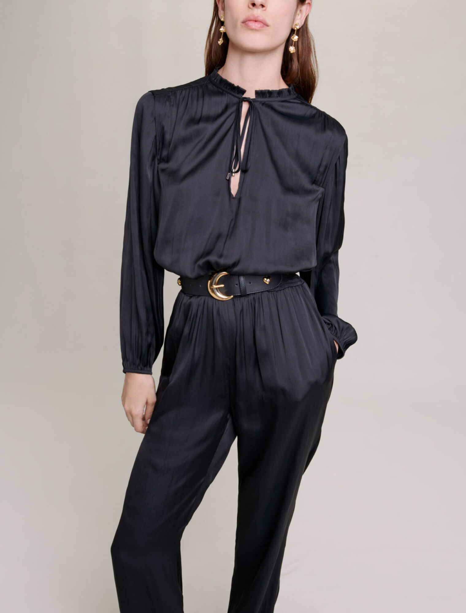 Long black cinched jumpsuit