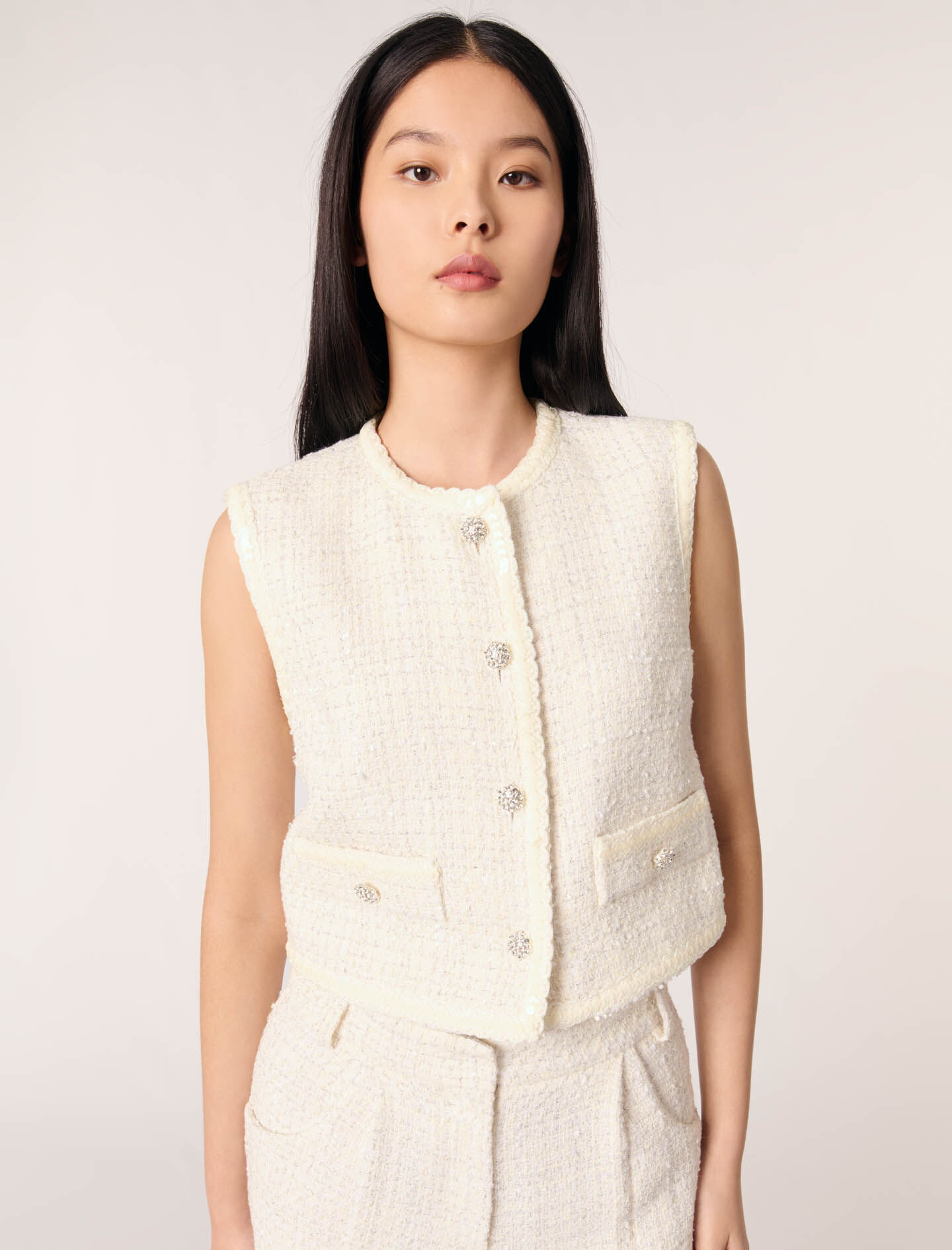 maje ジャケット Sequin sleeveless tweed jacket White For Women | Maje