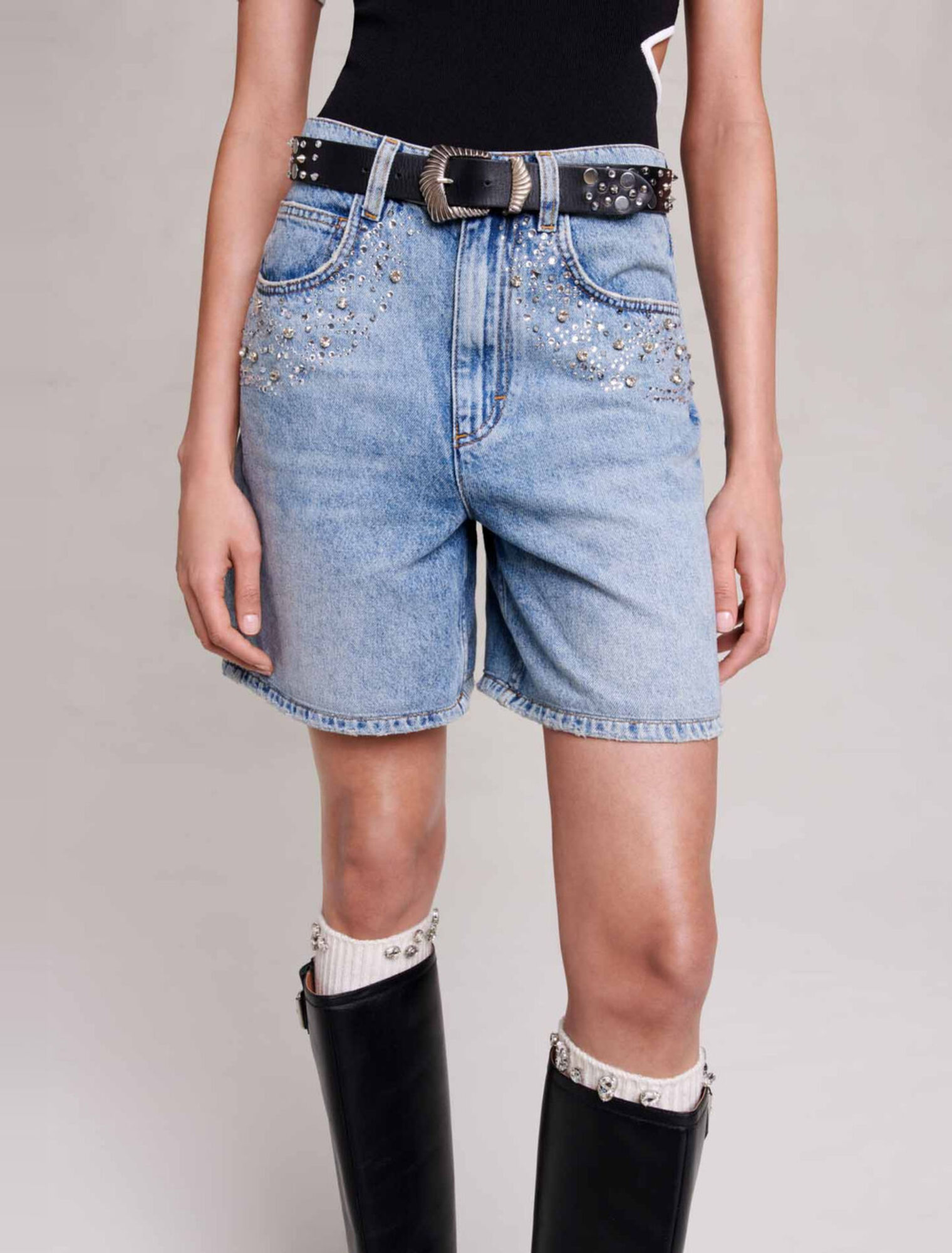 Flared denim shorts with rhinestones