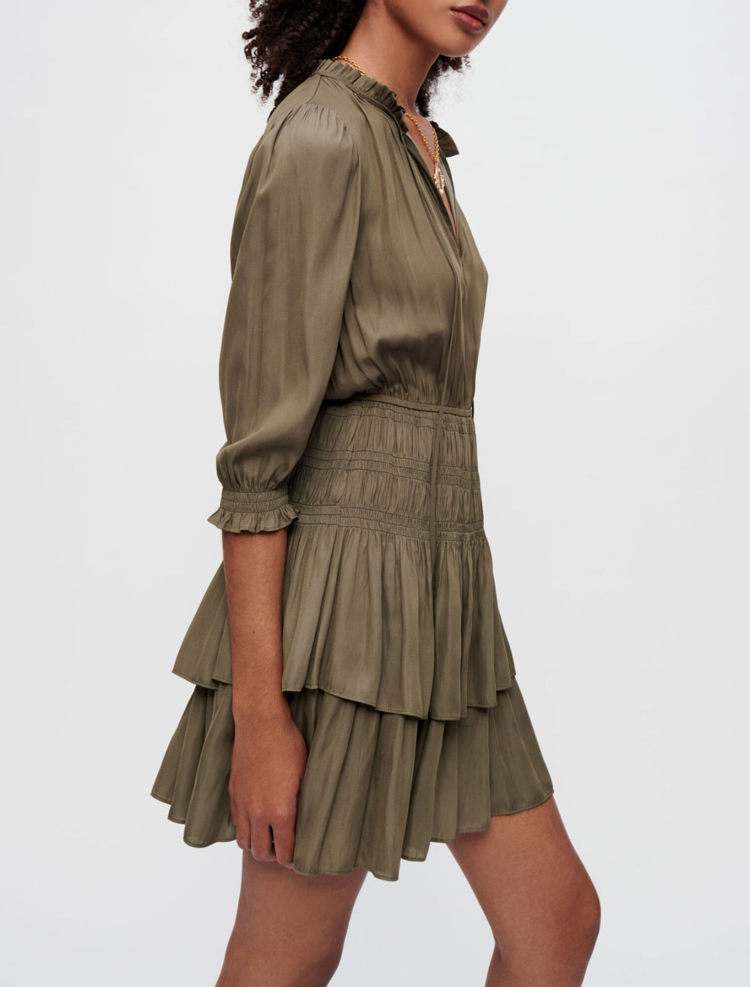 Satin dress with smocking and ruffles