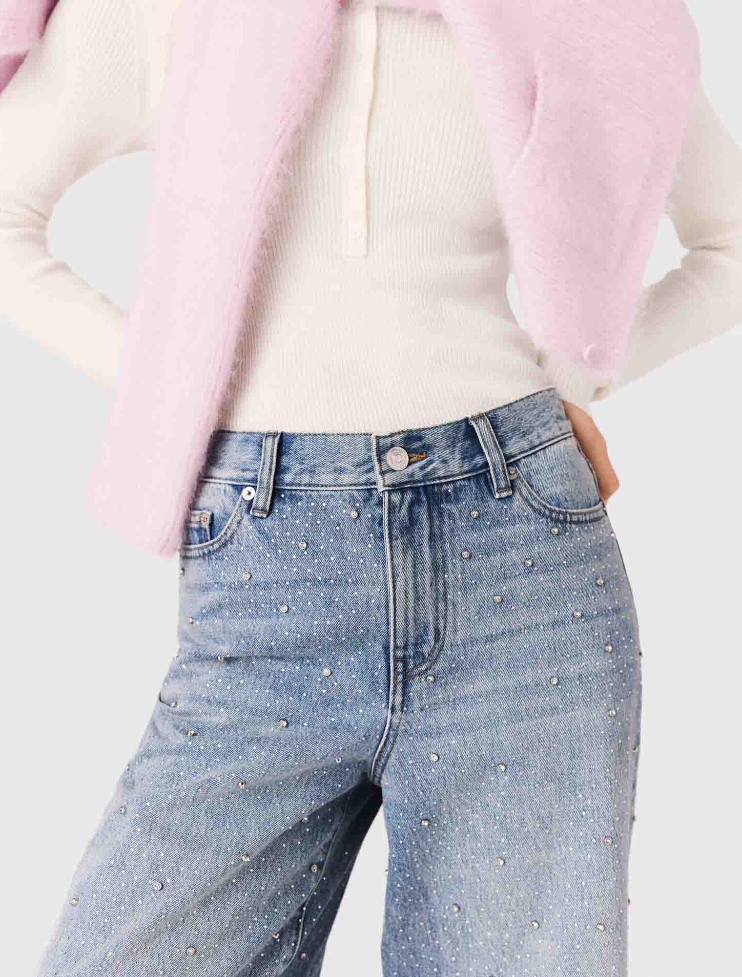 Wide-leg all-over rhinestone jeans