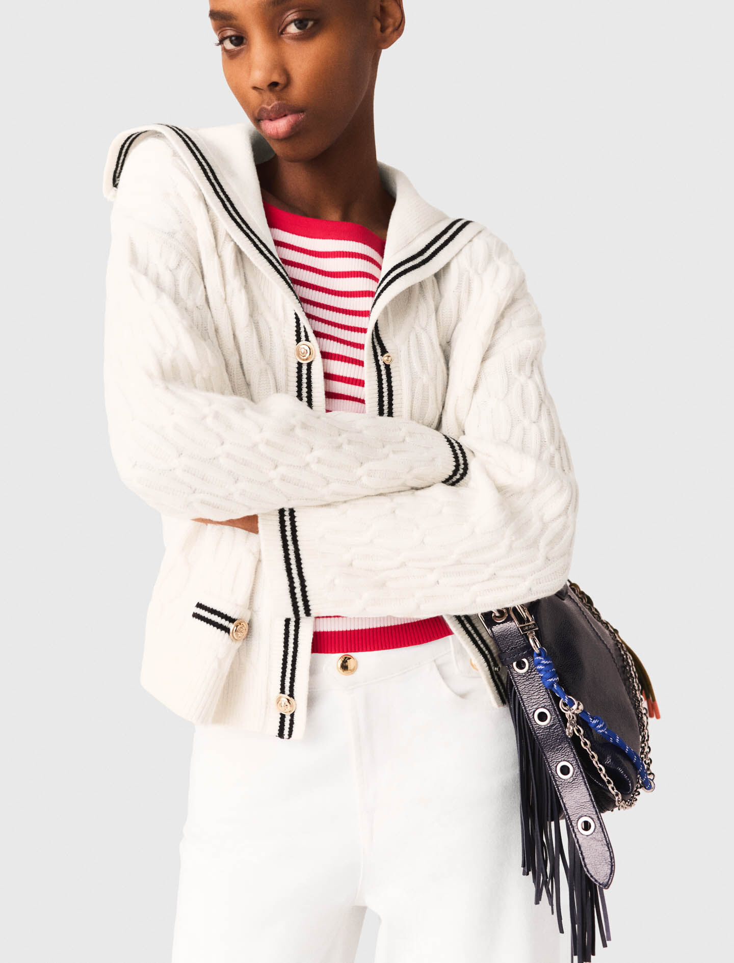 Cable-knit boat neck cardigan White For Women | Maje