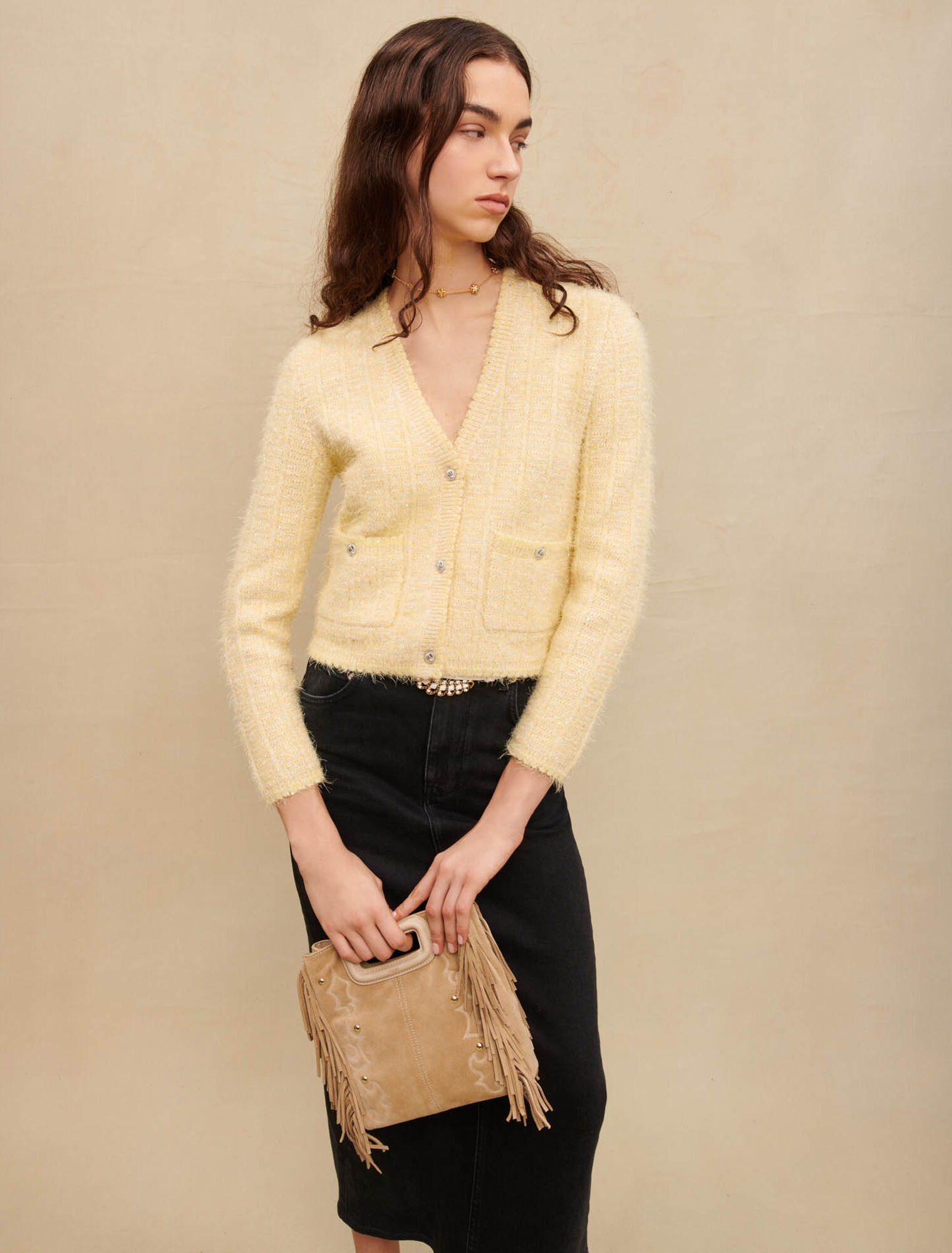 Tweed-effect knit cardigan