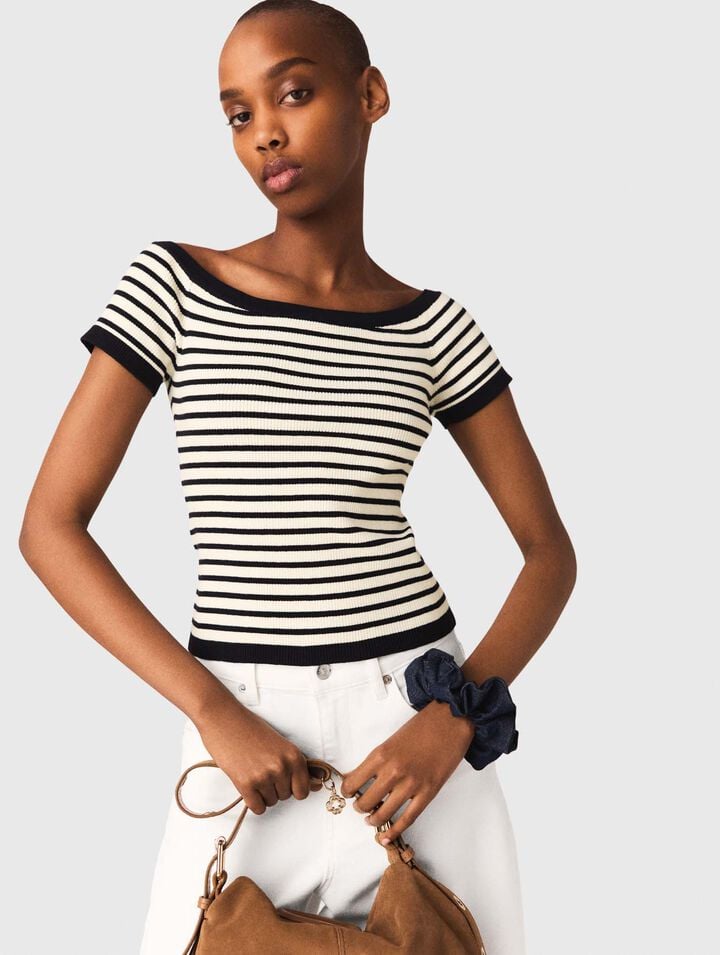 Rib knit short sleeve boat neck top