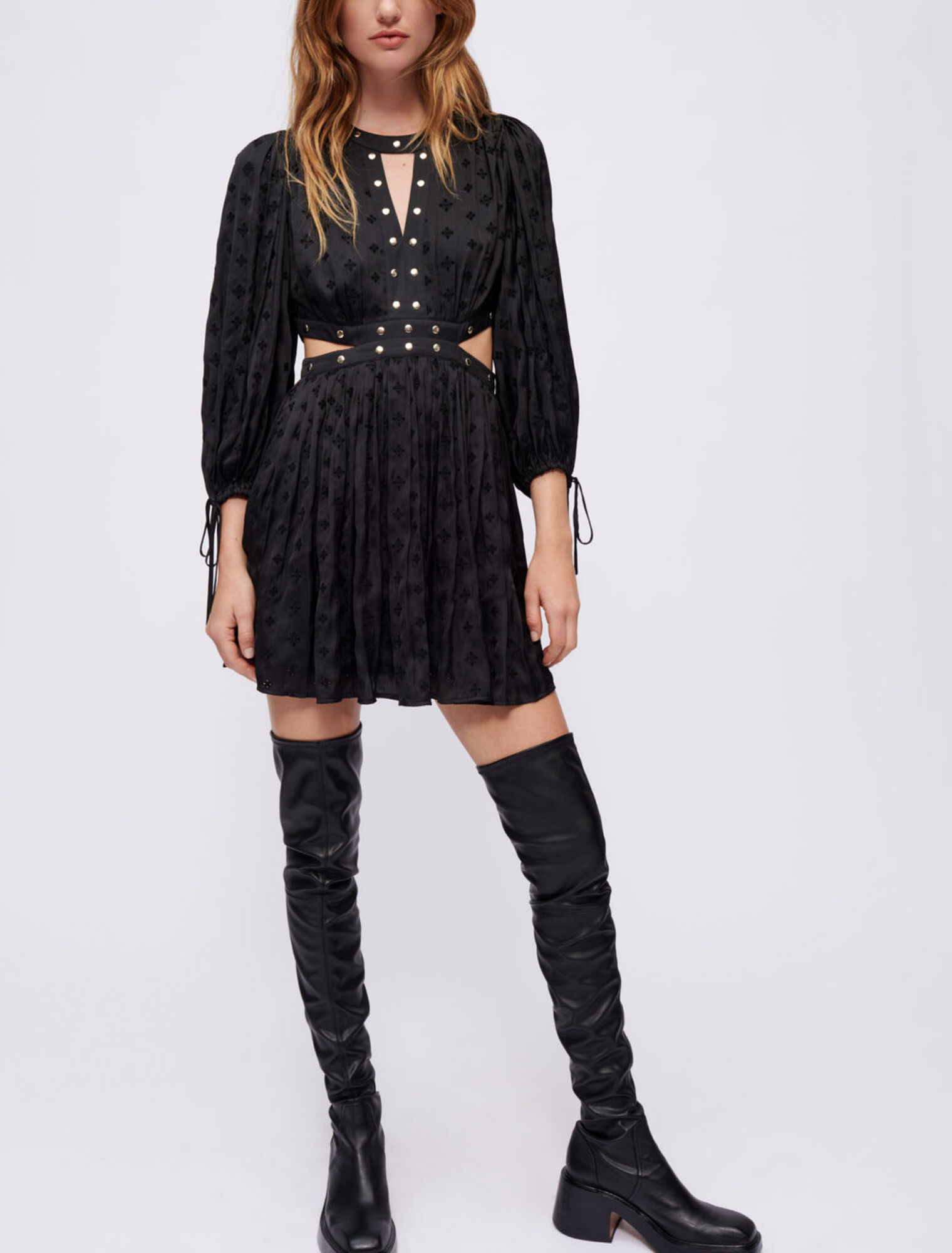 Studded embroidered satin dress