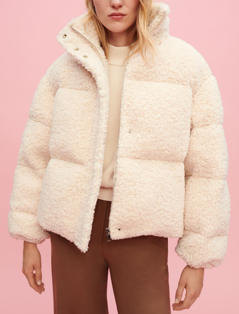 Ecru faux fur down jacket