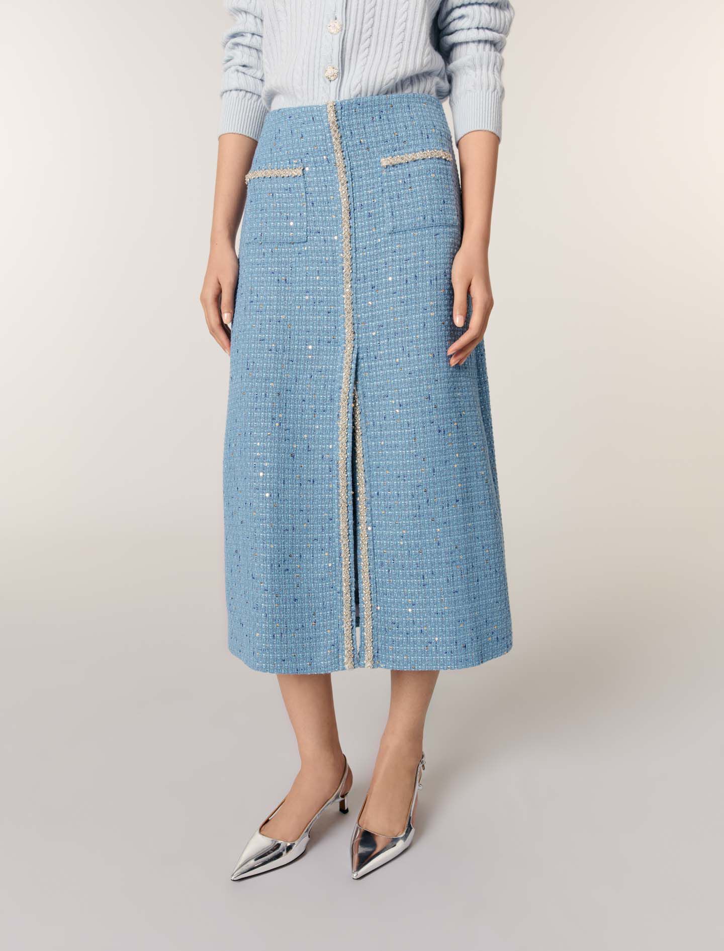 Sequin tweed midi skirt Blue For Women | Maje