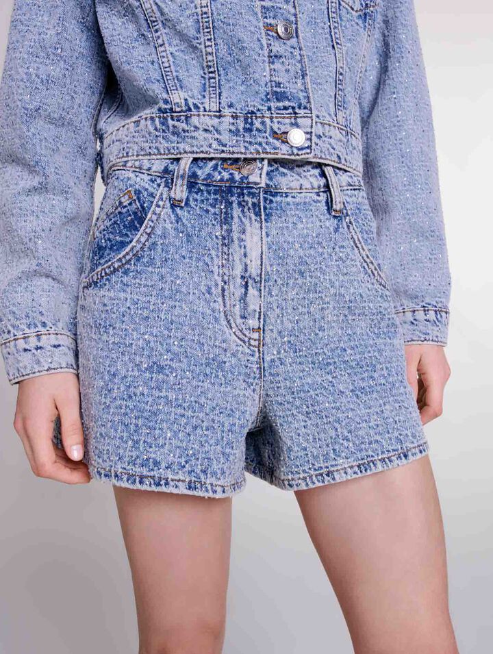 Diamanté and jacquard denim shorts