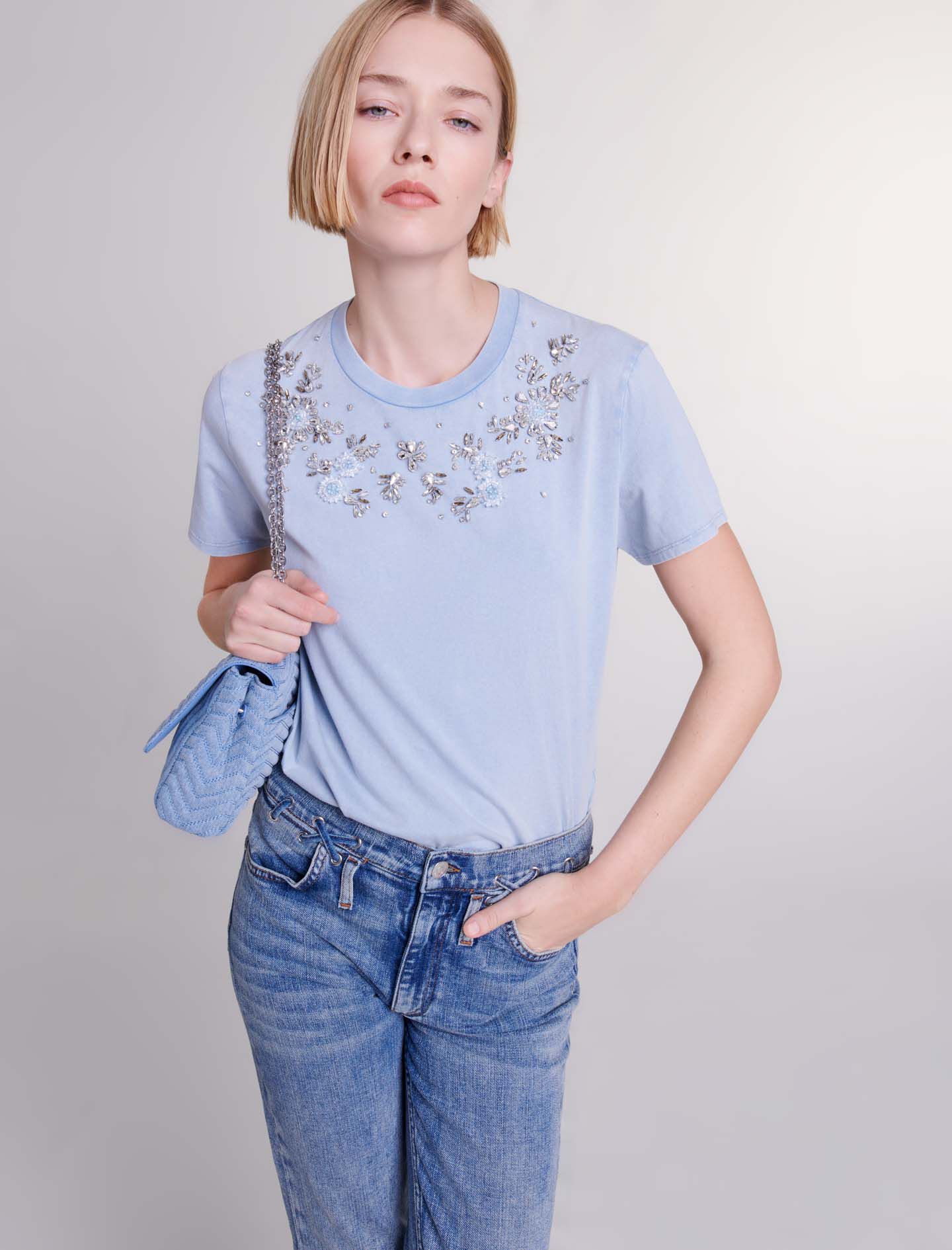 Cloverbloom denim bag Blue For Women | Maje