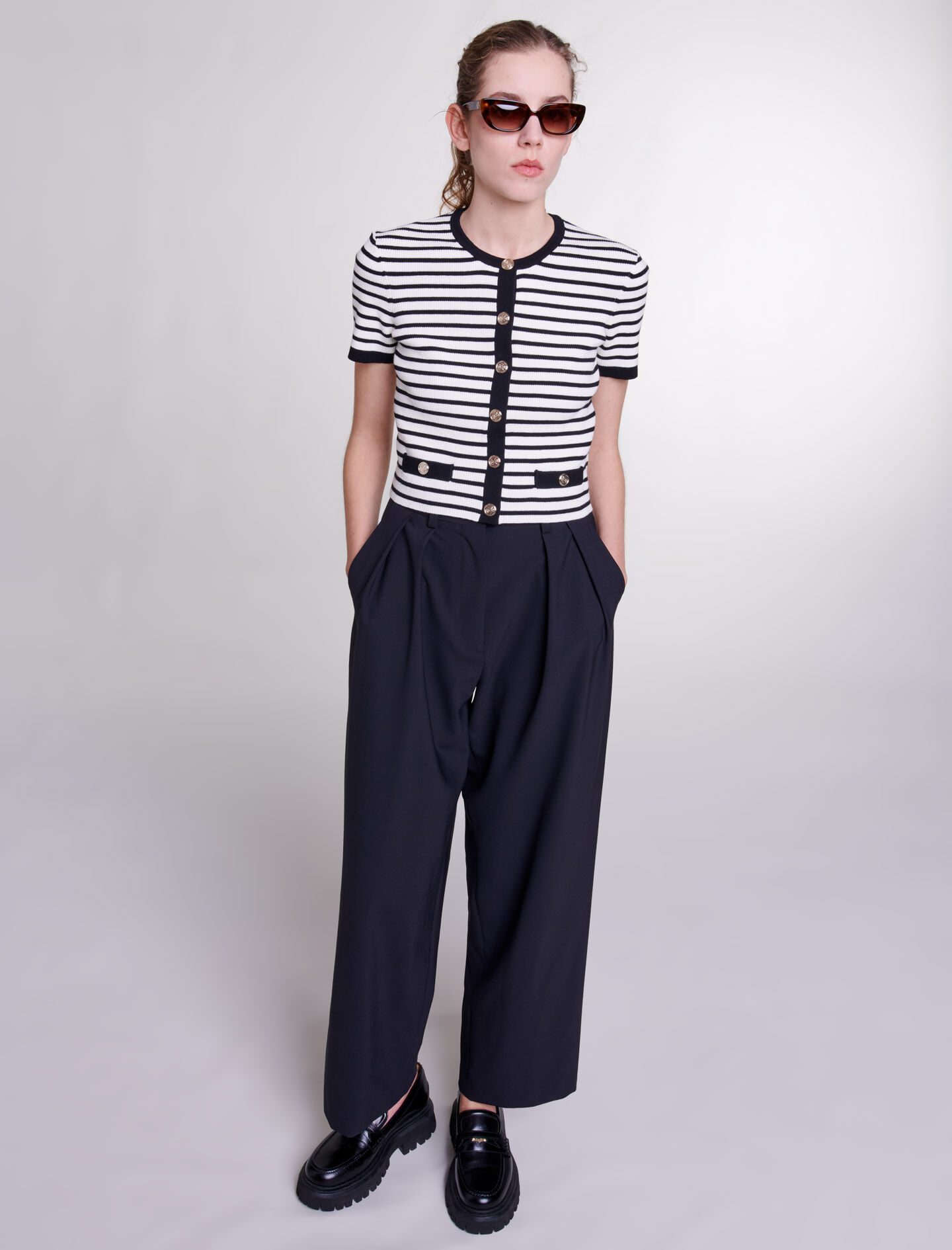 Wide-leg trousers with belt Black / Gray For Women | Maje