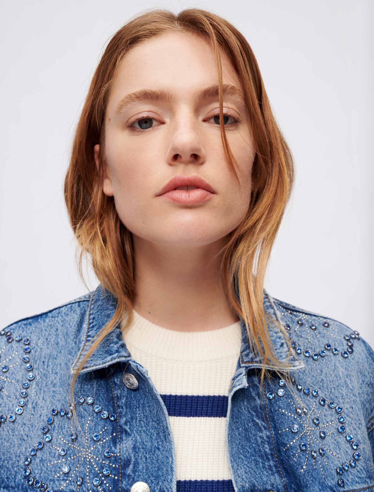 Wide denim jacket with rhinestones