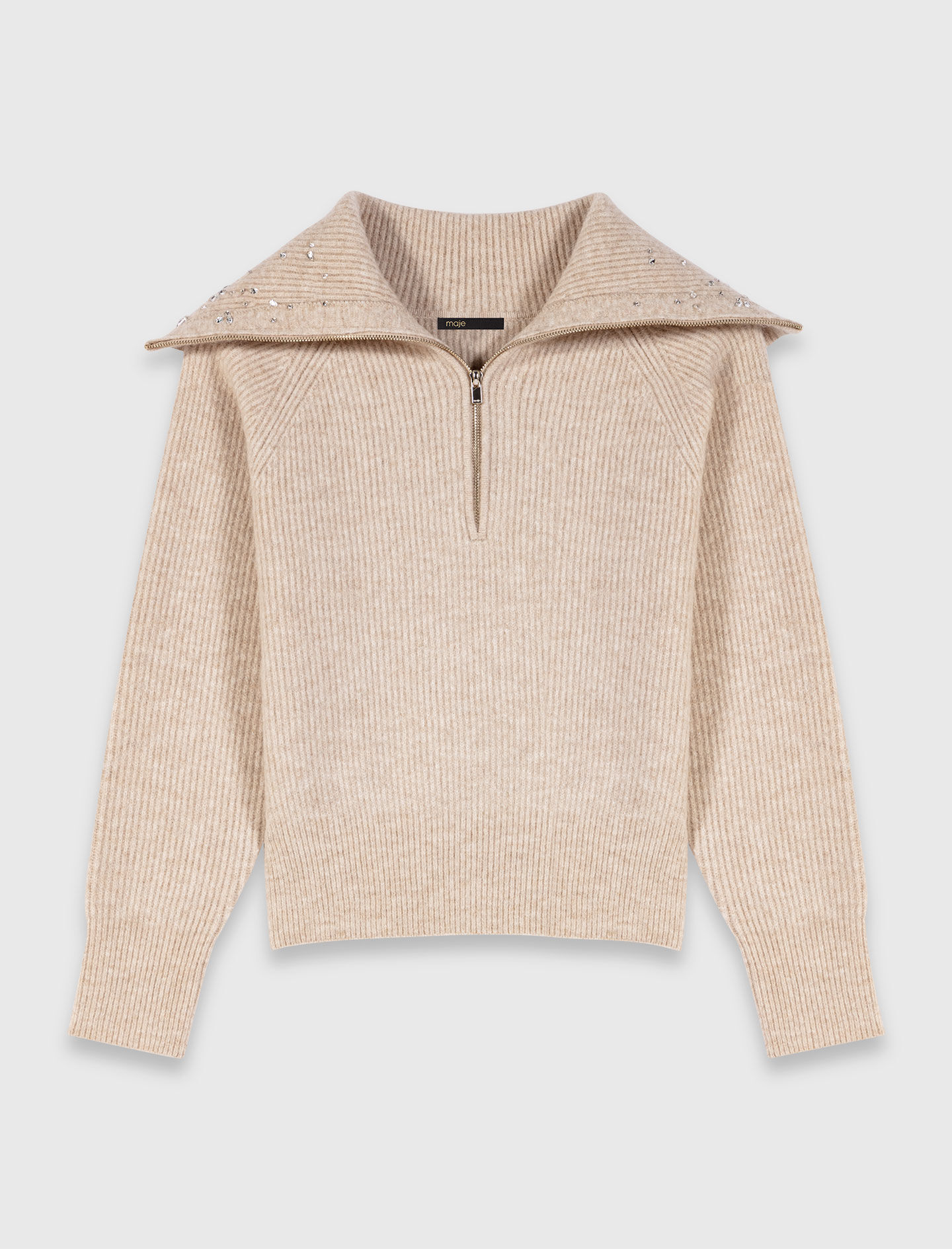 Rhinestone jumper with half-zip collar Natural For Women | Maje