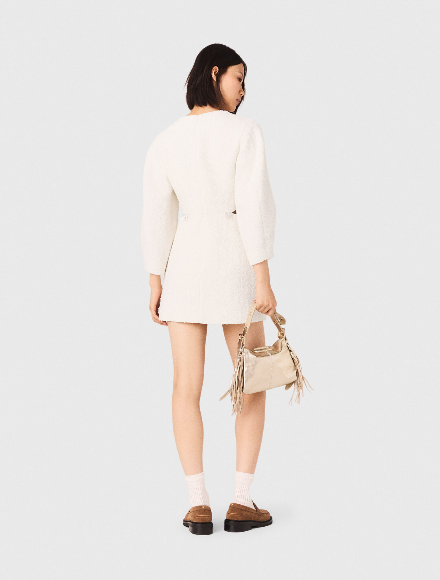 Short balloon-sleeve tweed dress