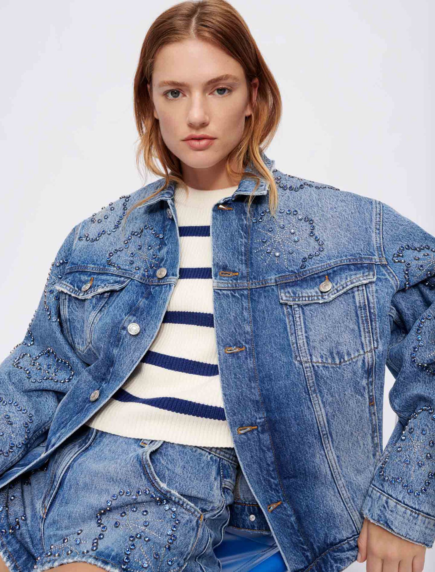Wide denim jacket with rhinestones